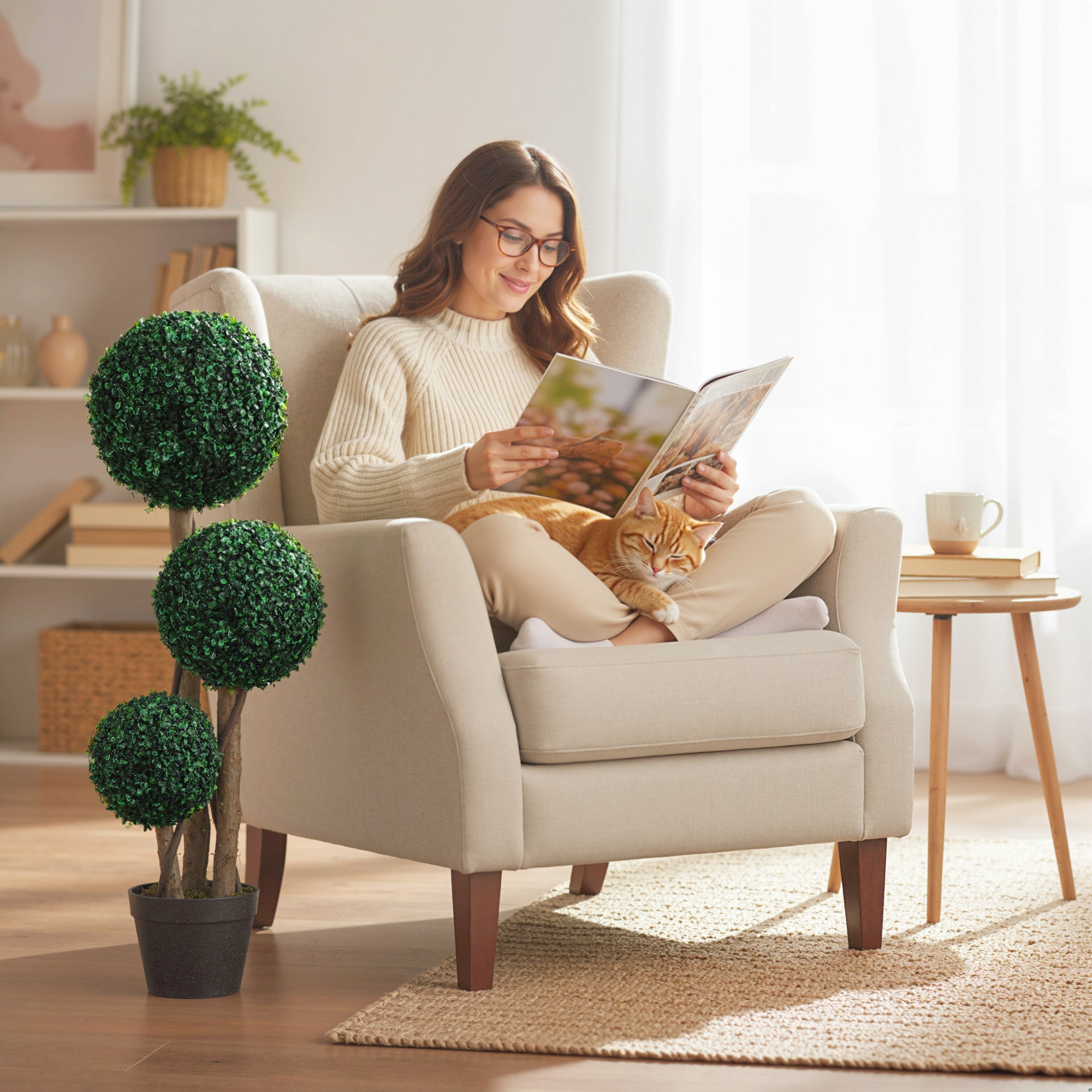 35 Inch Potted Fake Plant Set of 2, Artificial Boxwood Topiary Tree, Triple Ball Tree for Indoor and Outdoor, Green