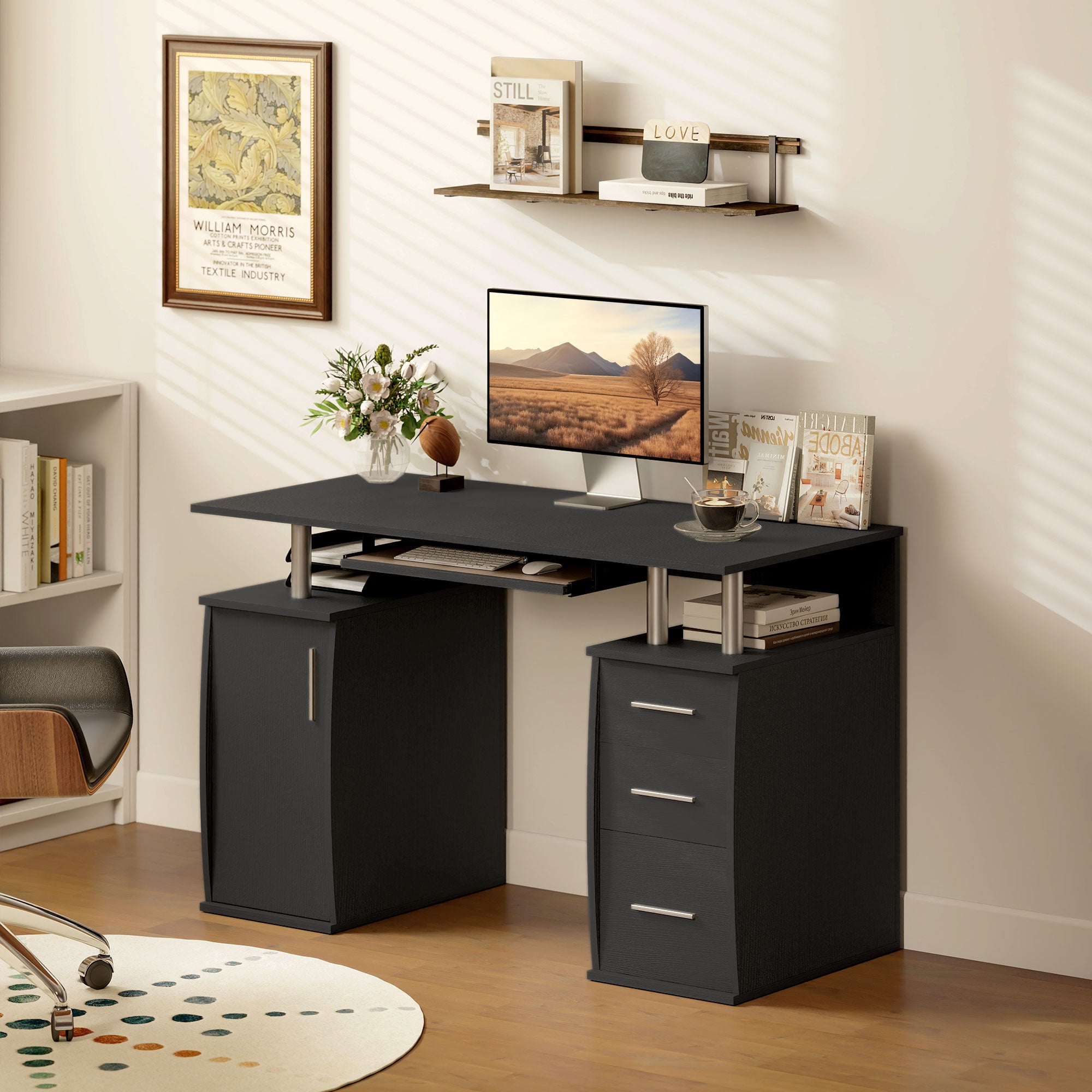 47" Computer Desk with Keyboard Tray and Storage Drawers, Home Office Workstation Table with Storage Shelves, Black