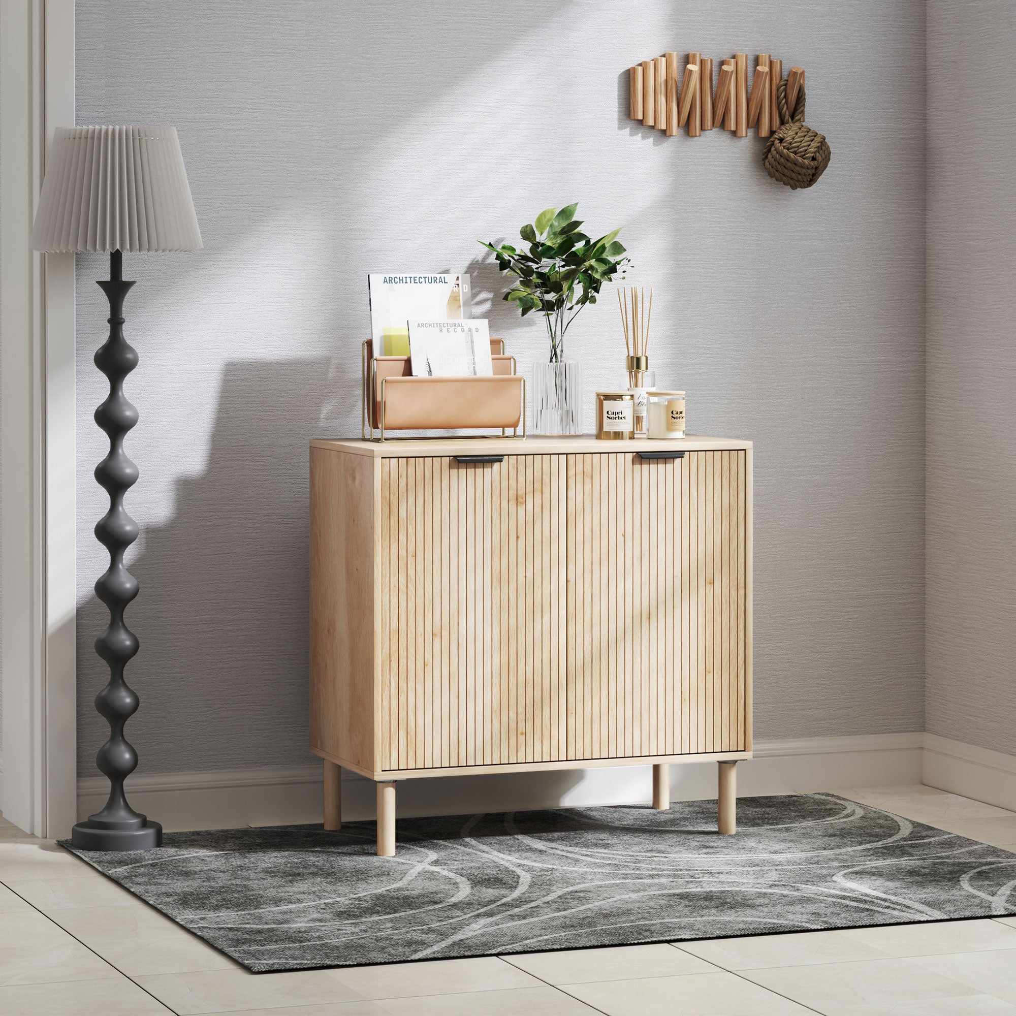 Accent Cabinet with Doors & Adjustable Shelf, Freestanding Storage Cabinet with Wood Legs for Living Room, Oak