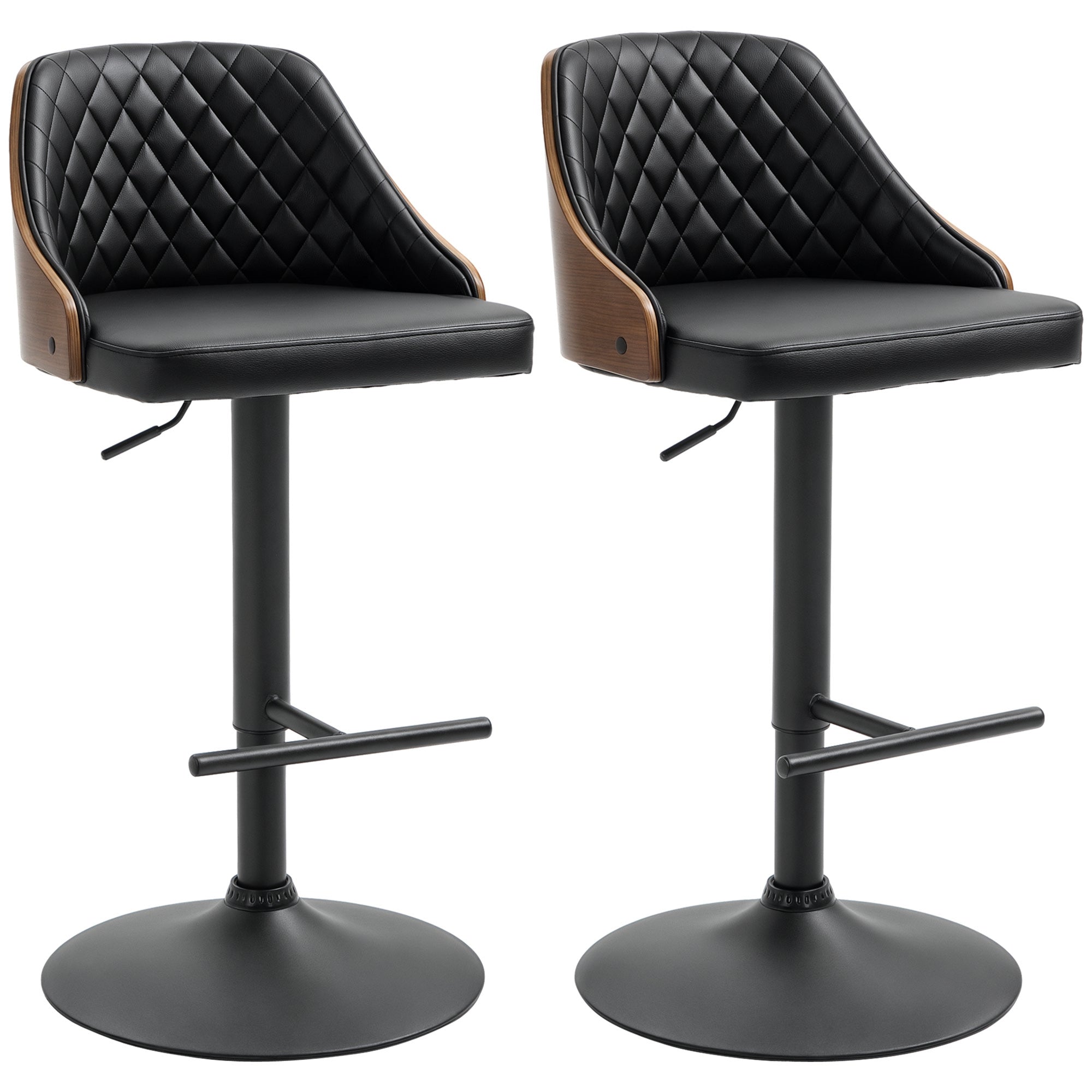 Modern Bar Stools PU Leather Set of 2 Swivel Bar Height Barstools Chairs with Adjustable Height, Round Heavy Metal Base and Footrest, Black