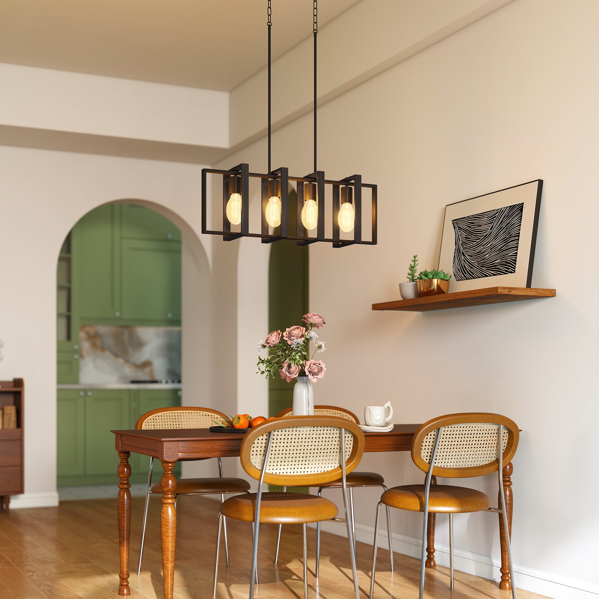 Farmhouse Kitchen Island Lighting, Linear Pendant Light with 4 Rotatable Frames and Adjustable Height, Black