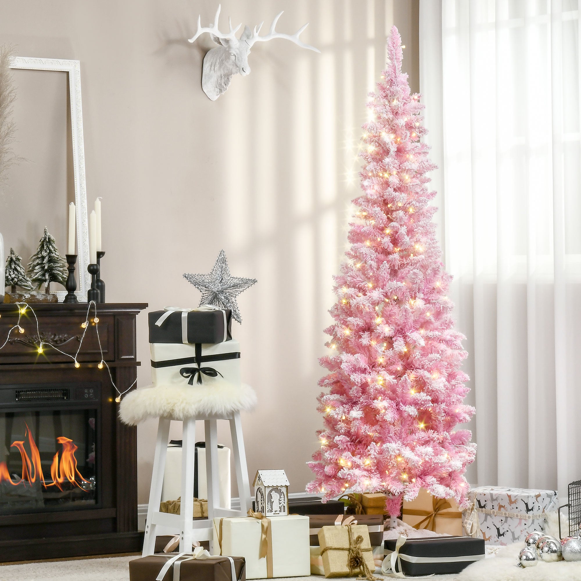 6 Foot Prelit Snow Flocked Artificial Christmas Tree with Pencil Shape, 500 Pine Realistic Branches, Warm White LED lights, Auto Open, Pink and White