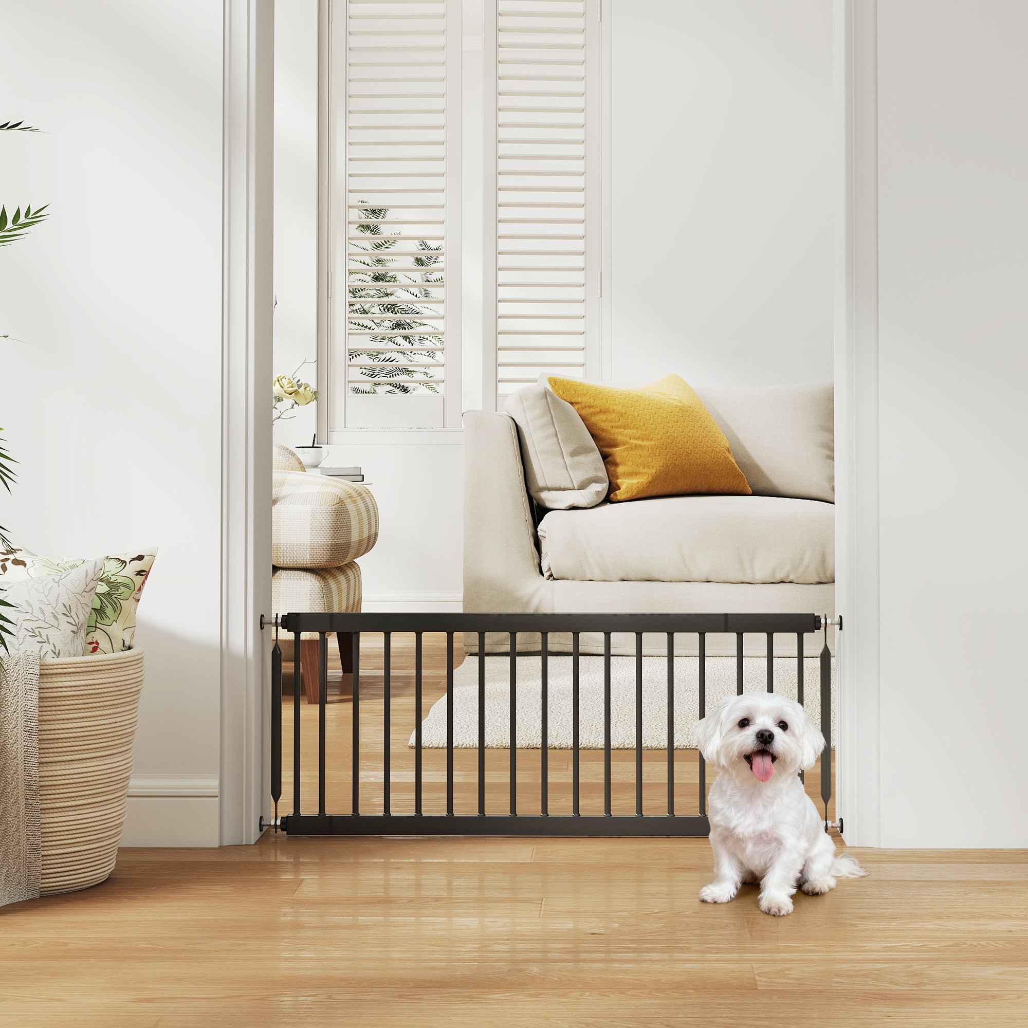 26"-37" Dog Gate, Adjustable Pet Gate, Fits 14" Tall with 2 Extension, Pressure Mount Kit for Stairs and Doorways, Black