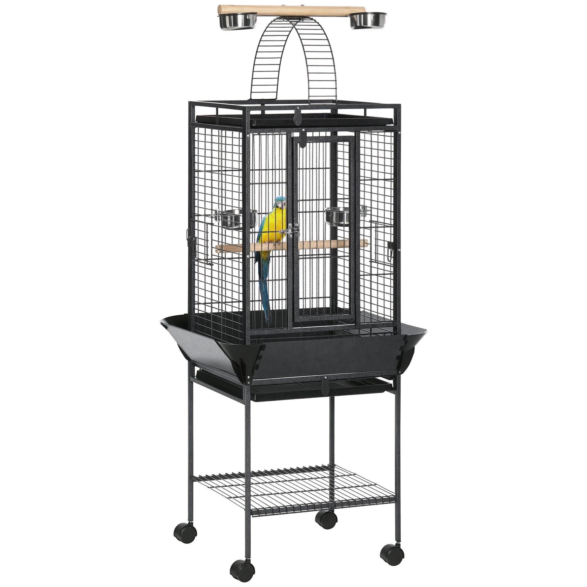 61.5 Inch Bird Cage Parakeet House for Cockatiel with Stand, Pull Out Tray, Play Top, Storage Shelf, Wood Perch, Food Container