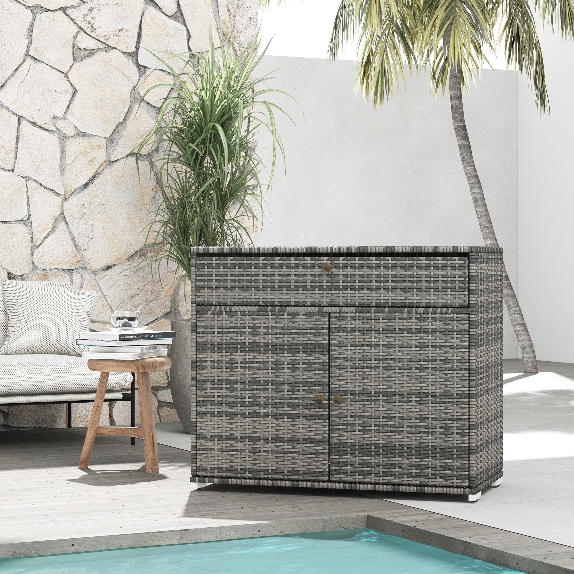 Outdoor Storage Cabinet, Wicker 2-Door Pool Towel Storage Cabinet with Drawer, PE Rattan Pool Organizer, Grey