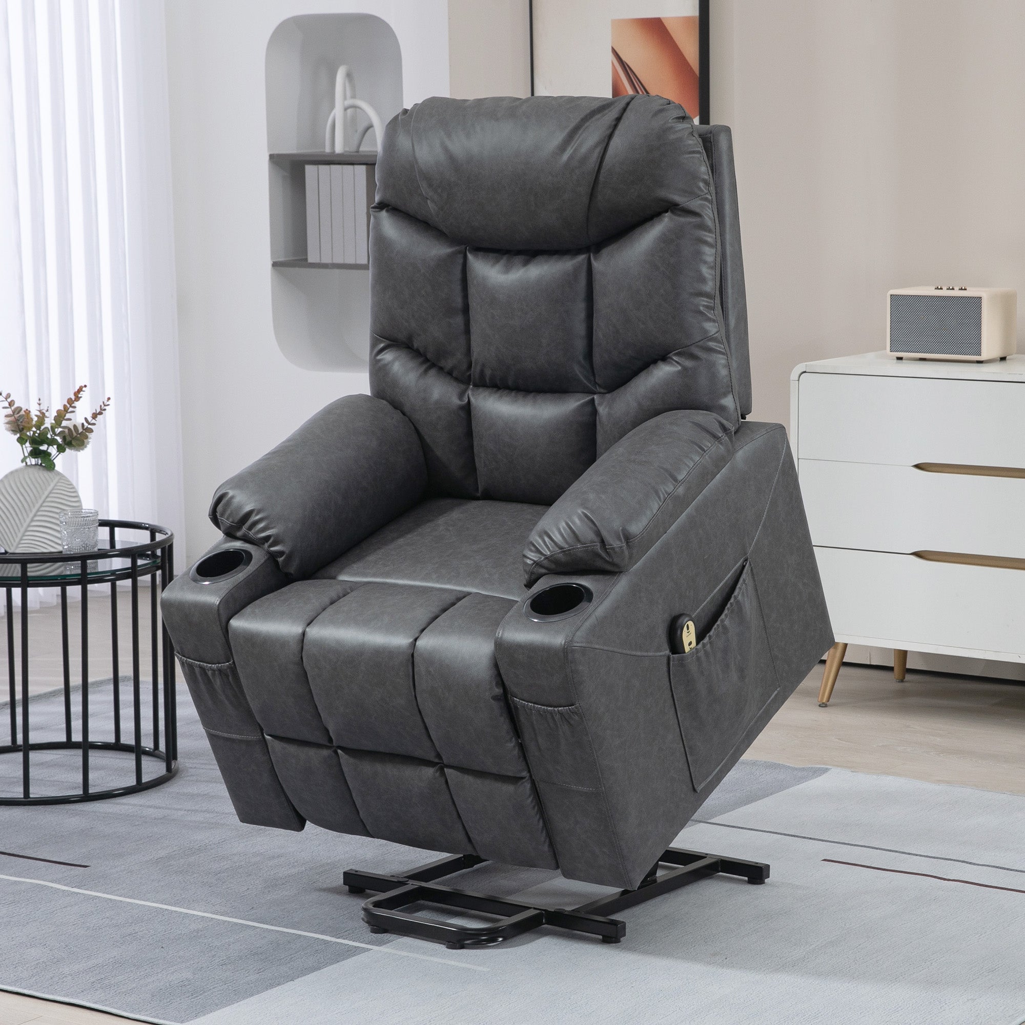 Lift Chair for Elderly, PU Leather Electric Recliner Chair with Quick Assembly, Remote, Cup Holders, Side Pockets, Grey