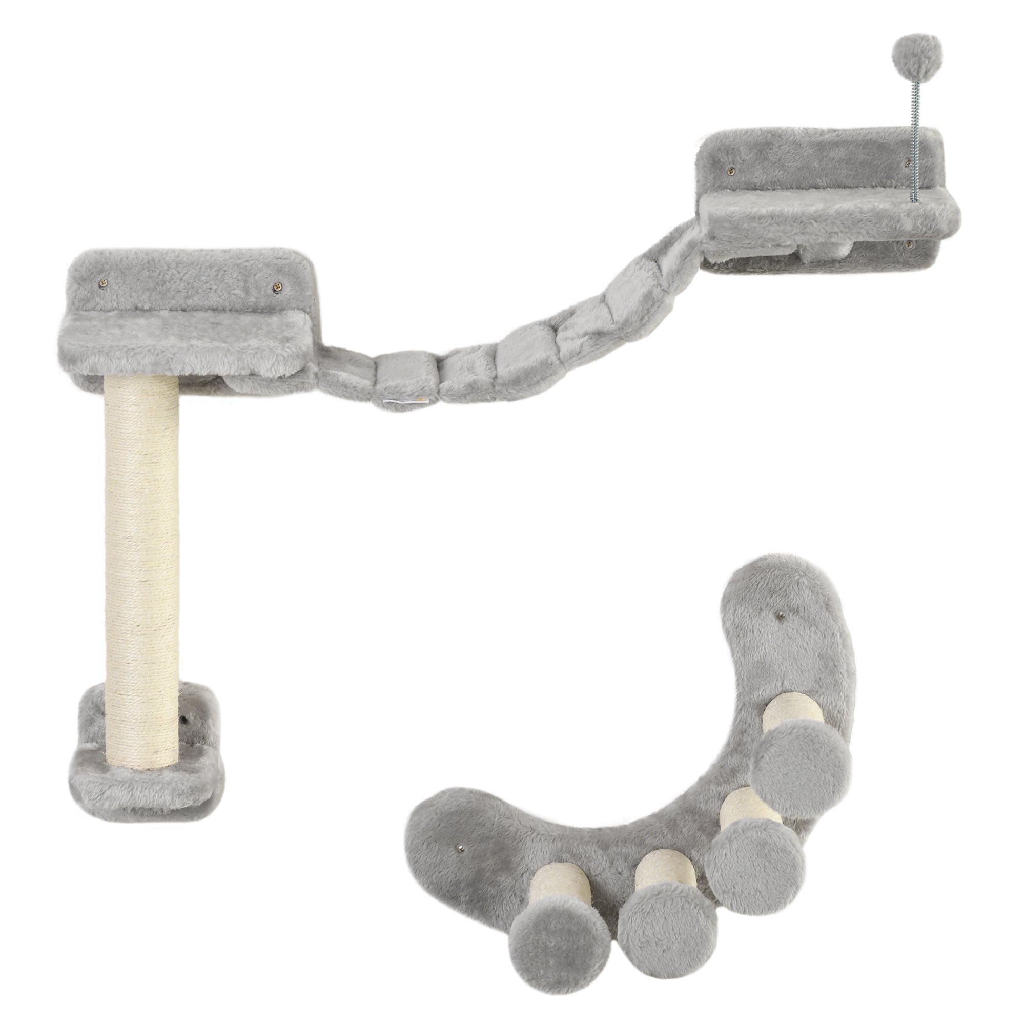 Cat Wall Shelf with Scratching Post, Cat Wall Shelves for Relaxing, Climbing, Cat Wall With Soft Ladder and Play Ball, Grey