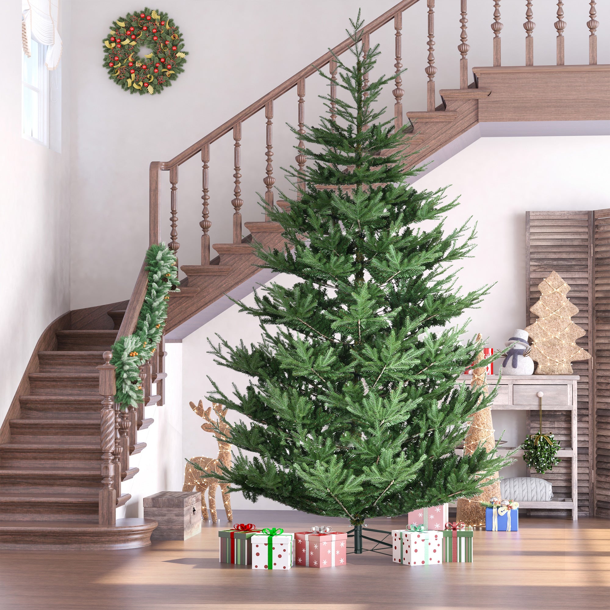 9ft Artificial Christmas Tree, Wide Pine Holidy Decor, Hinged Xmas Tree with 1939 Tips, Metal Base, Green