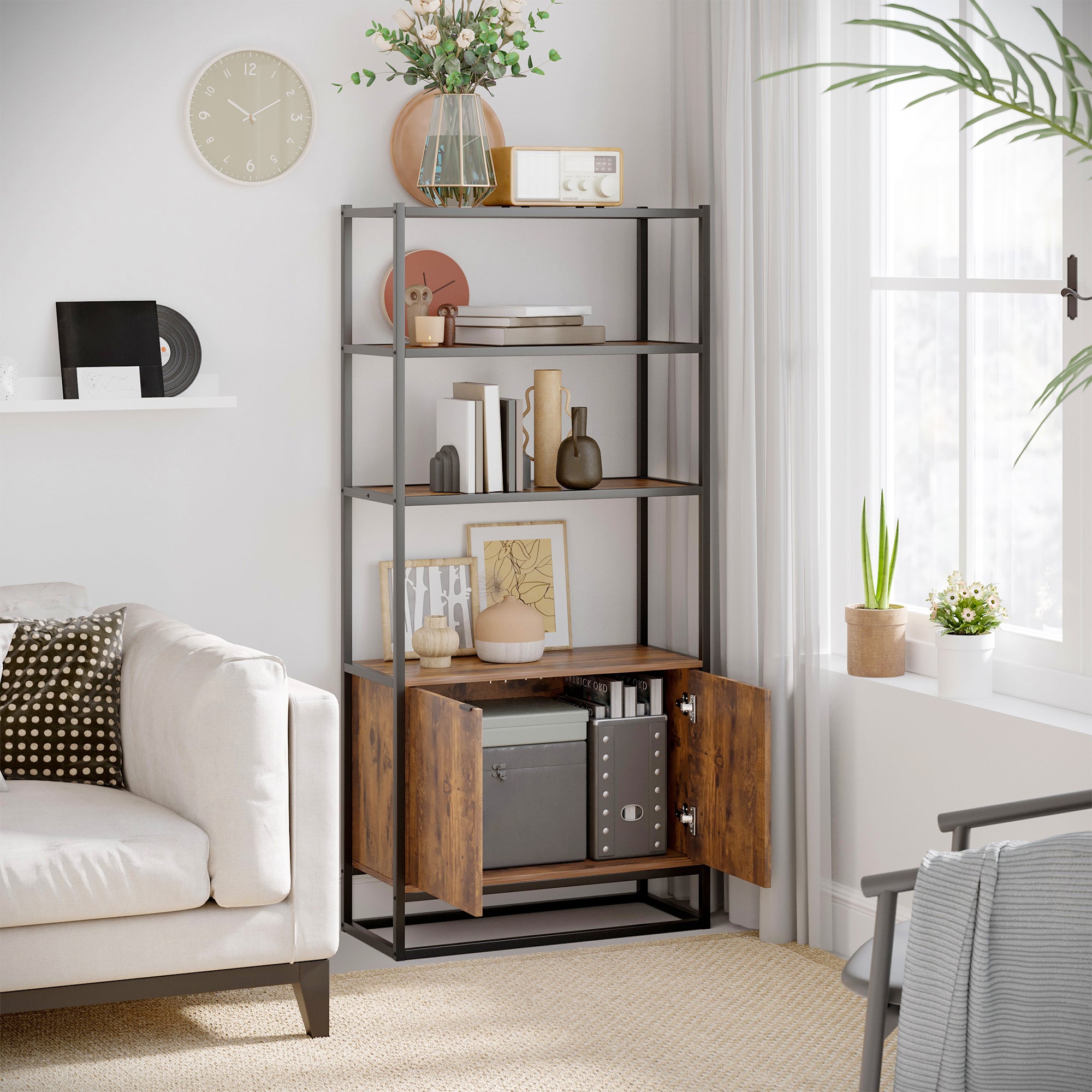 Storage Cabinet with 3 Open Shelves Cupboard Freestanding Tall Organizer Multifunctional Rack for Livingroom Bedroom Kitchen Rustic Brown