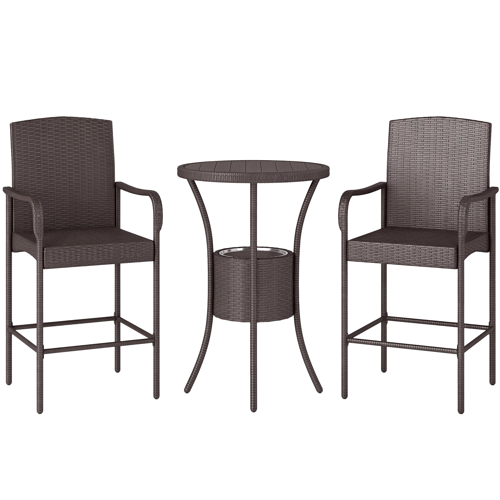 3 Pieces Patio Bar Set, Rattan Bistro Table and Chairs, Outdoor Conversation Furniture Set with Ice Bucket, Dark Brown