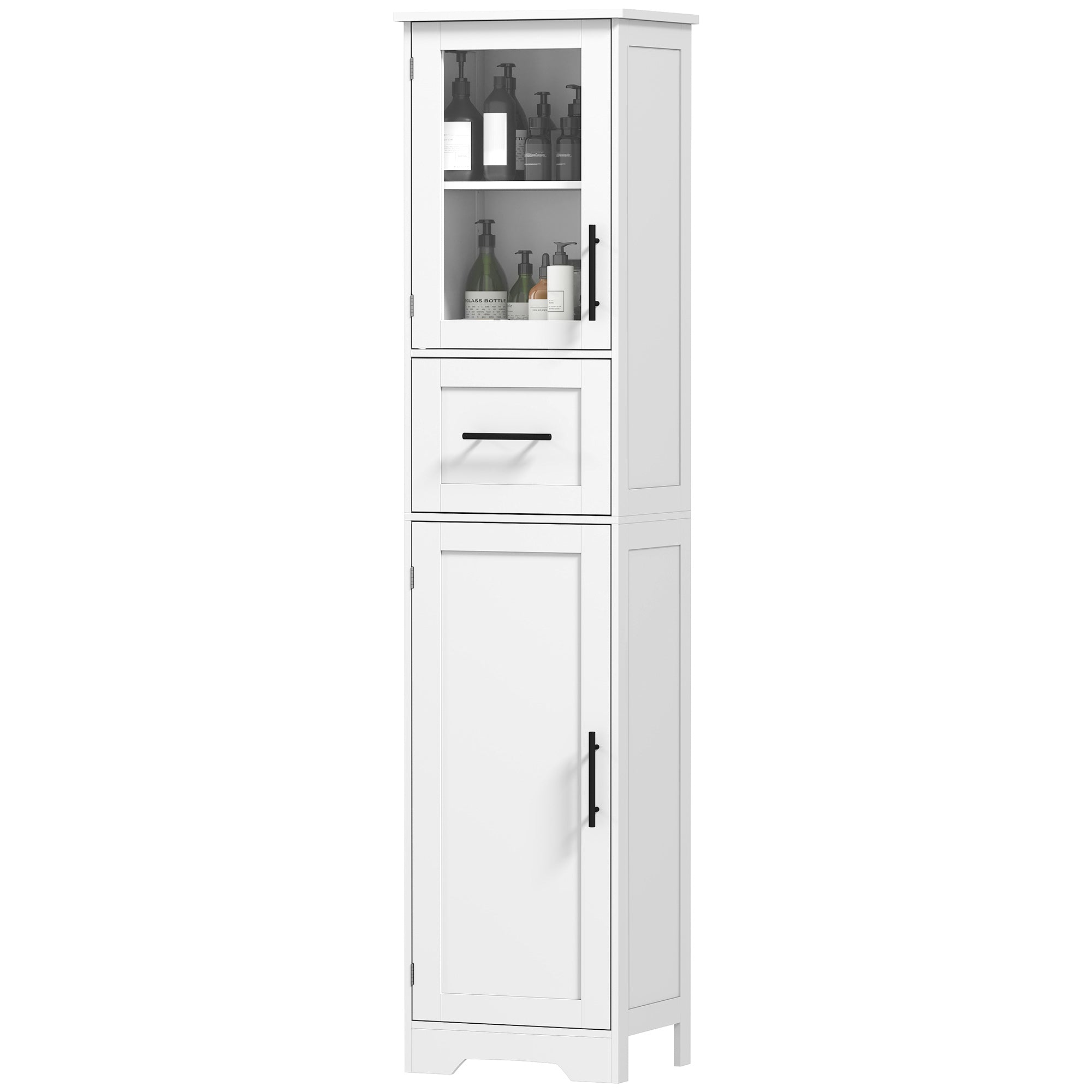 67" Tall Bathroom Storage Cabinet, Freestanding Narrow Bathroom Cabinet with Adjustable Shelves, Glass Door and Drawer