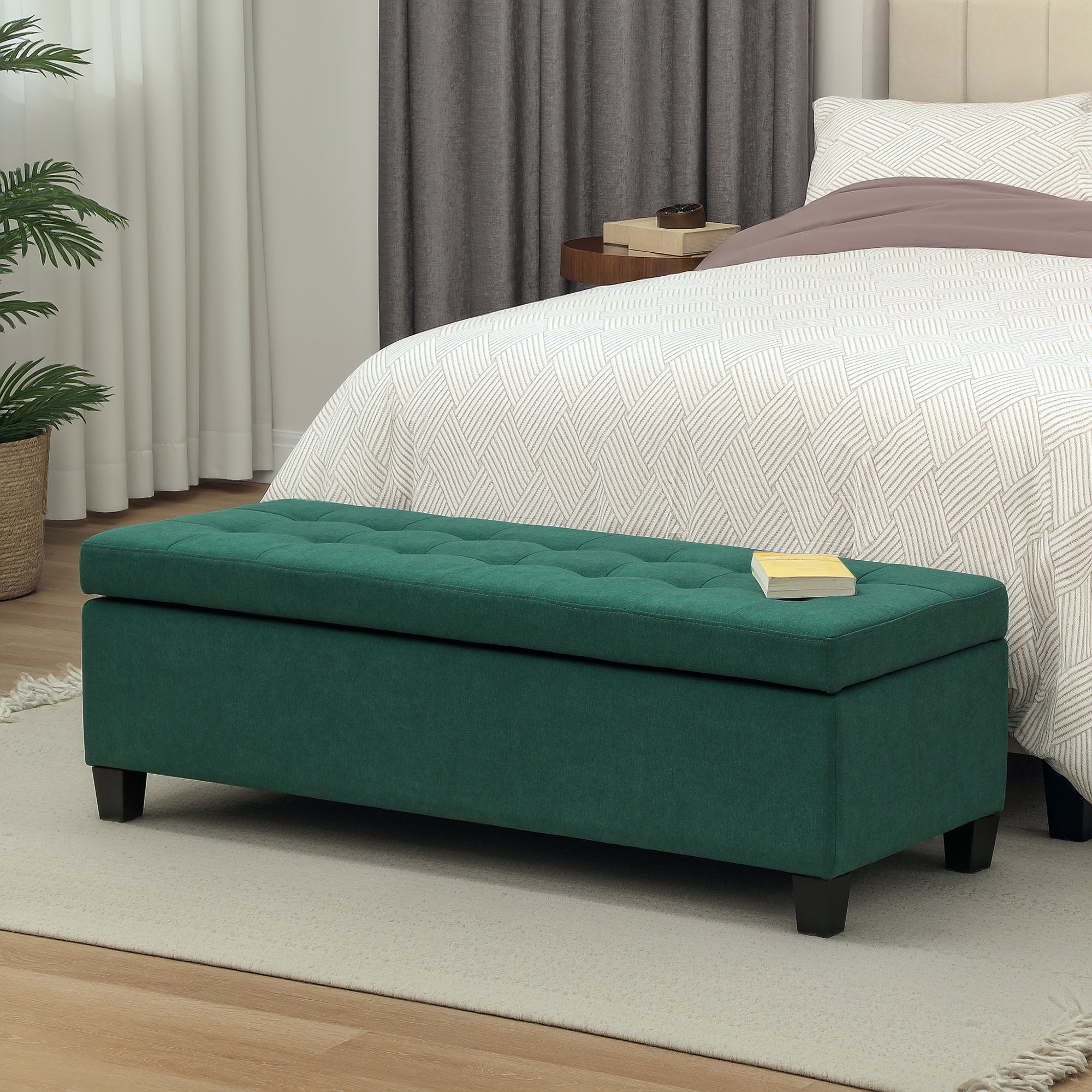 Rectangular Entry Bench, Tufted Upholstered Linen Fabric Wood Feet Storage Ottoman Bench, Dark Green