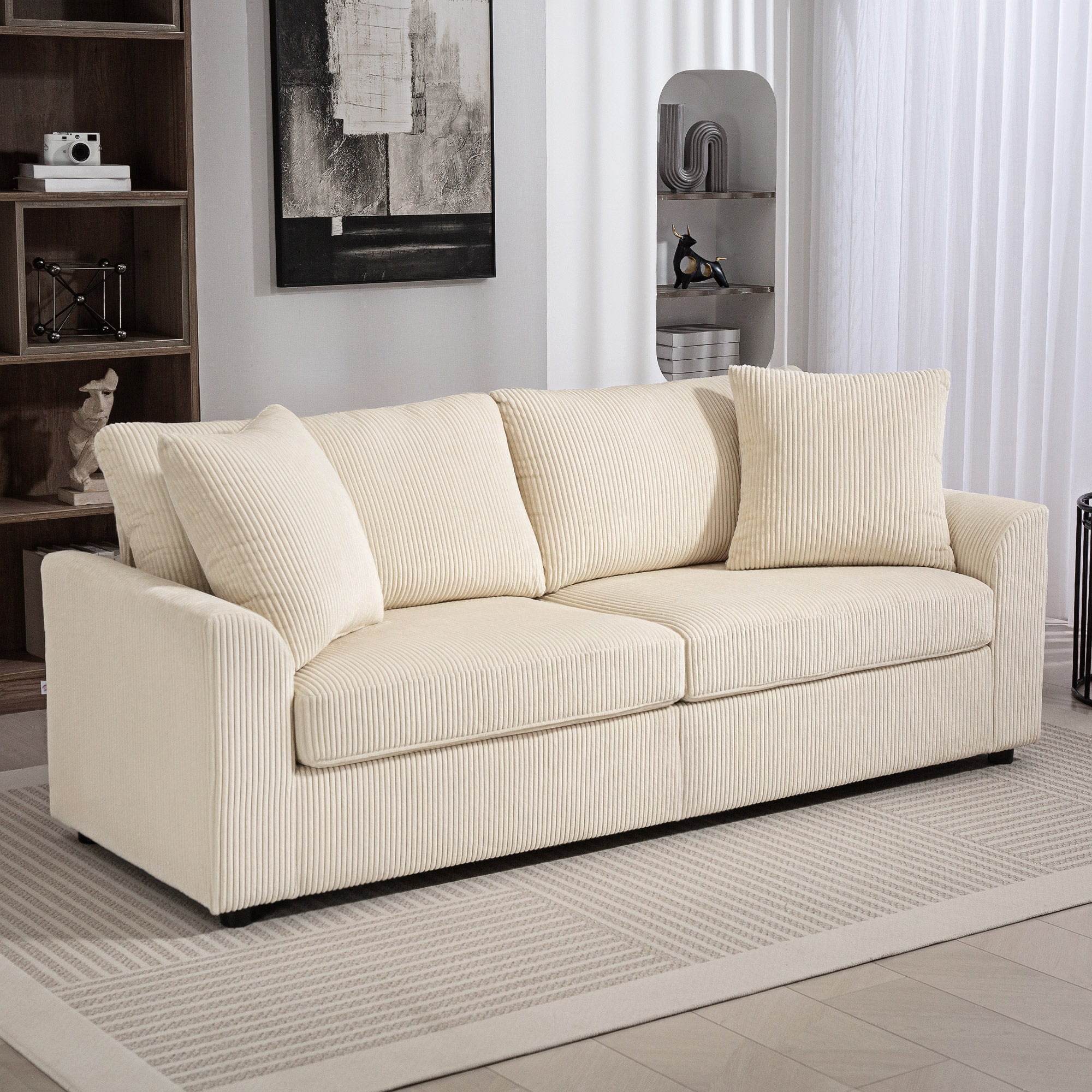 3 Seater Sofa, 83.5" Modern Upholstered Couch with Pocket Spring and 2 Scatter Cushions for Living Room, Cream White