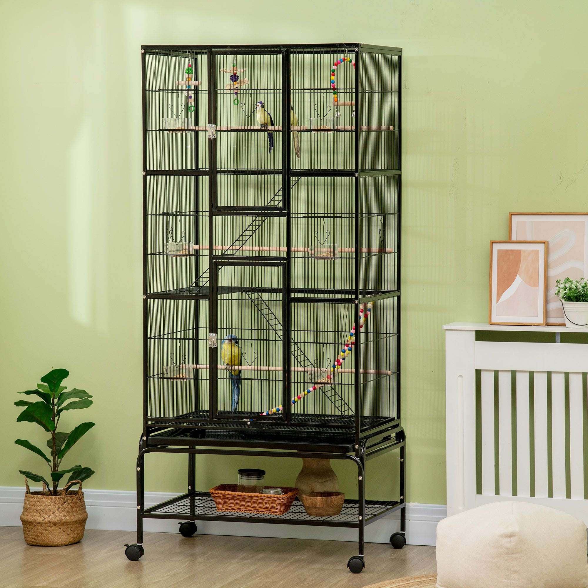 71" Bird Cage with Wheels Perches, Ramp, Storage Shelf, Toys for Canaries, Finches, Cockatiels, Parakeets, Black