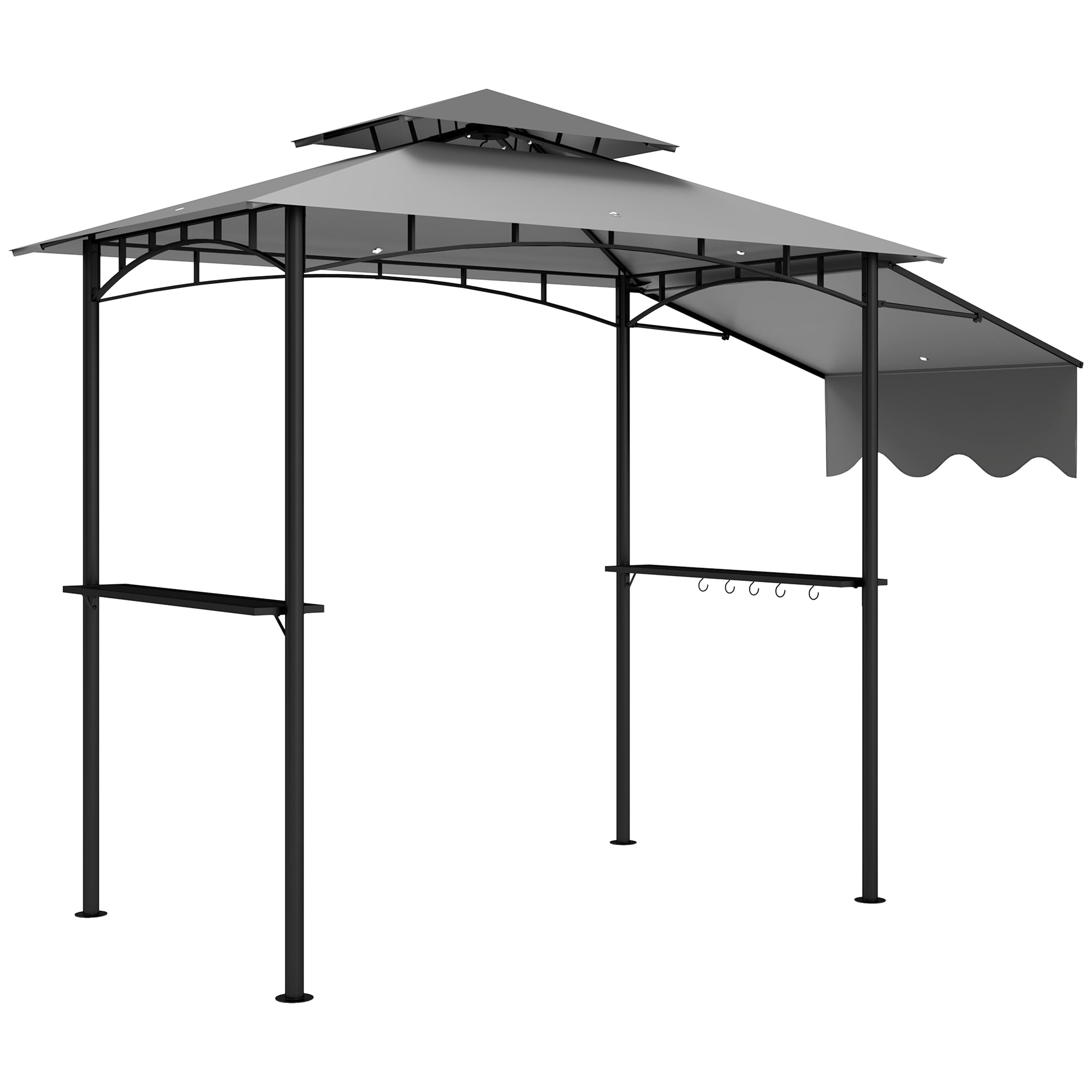 8' x 5' Grill Gazebo, Double Tiered Barbecue Grill Gazebo Shelter with Side Awning, 2 Side Shelves, 6 Hooks, Light Grey
