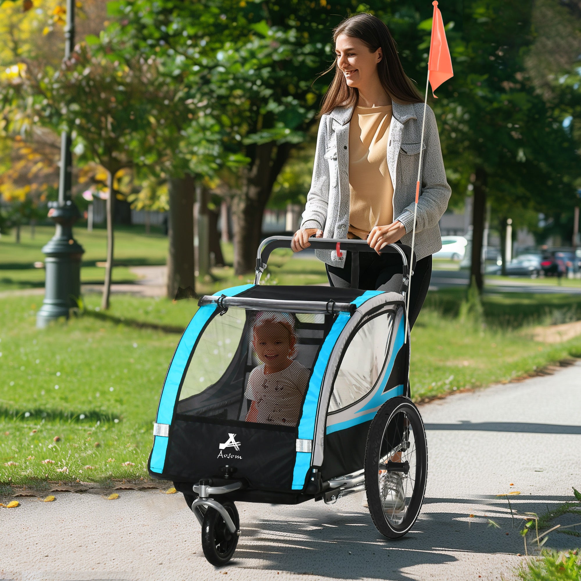 Aosom 3-in-1 Bike Trailer for Kids, Running Stroller with 2 Seats, Jogging Cart with 5-Point Harness, Storage Units, Blue