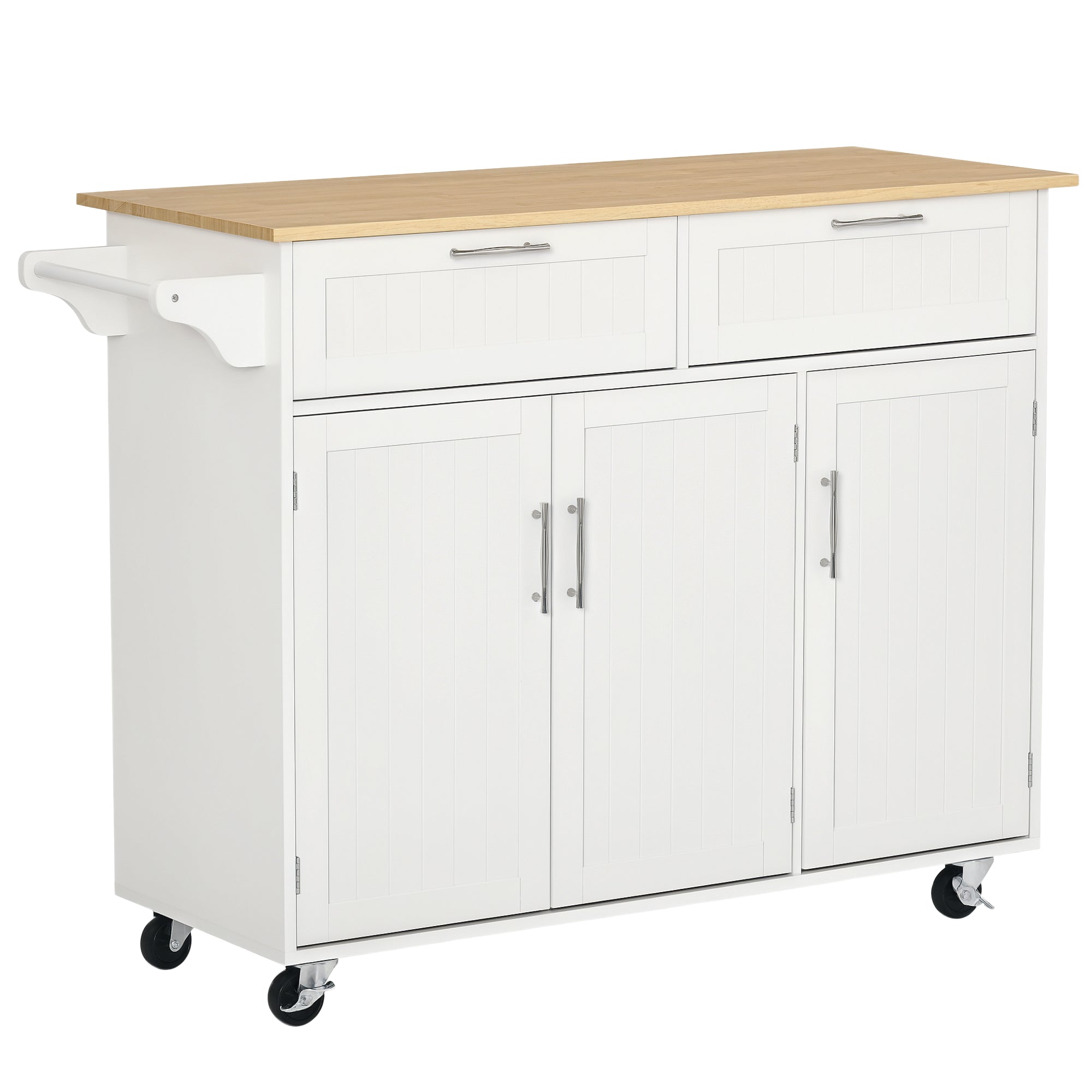 48" Rolling Kitchen Island, Kitchen Cart on Wheels with 2 Storage Drawers, 3 Door Cabinets and Towel Rack for Dining Room (White, 3-Doors)