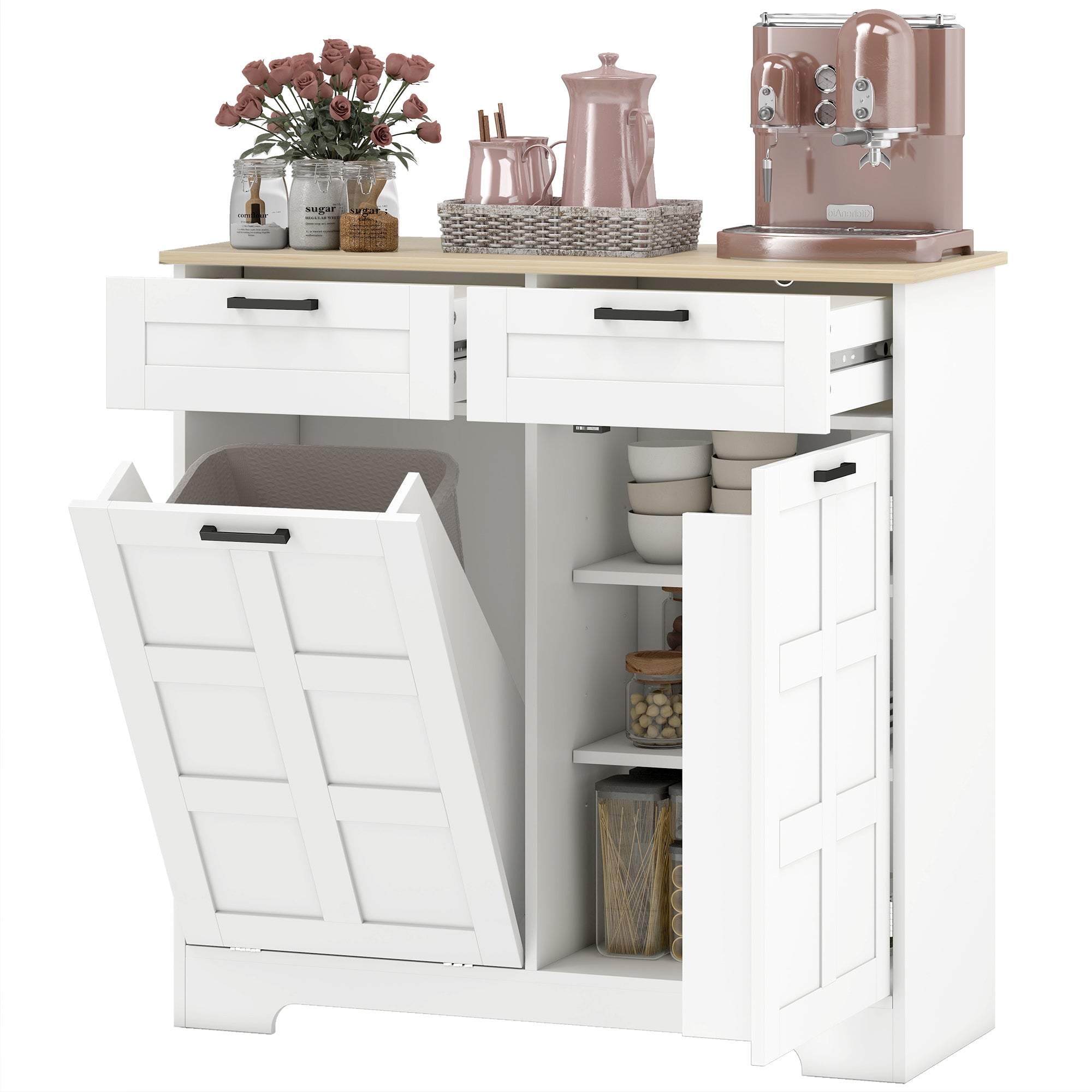 7 Gallon Tilt Out Garbage Cabinet, Kitchen Island with Trash Cabinet, 2 Drawers, Door Racks, Adjustable Shelves, White