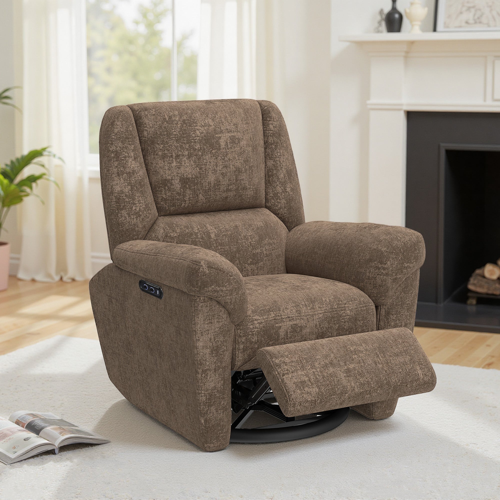 Power Recliner Chair, Fabric Upholstered Recliner Chair with USB Ports, Swivel and Rocking Function, Footrest