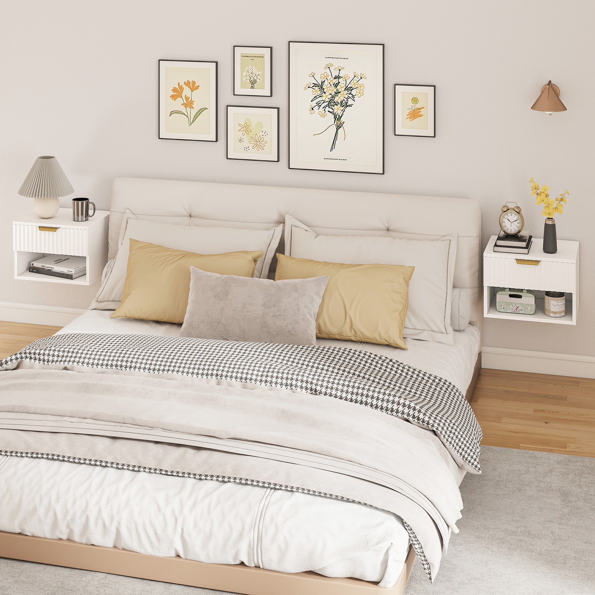 Floating Nightstands, Wall Mounted Bedside Tables Set of 2 with Drawer and Open Shelf, White