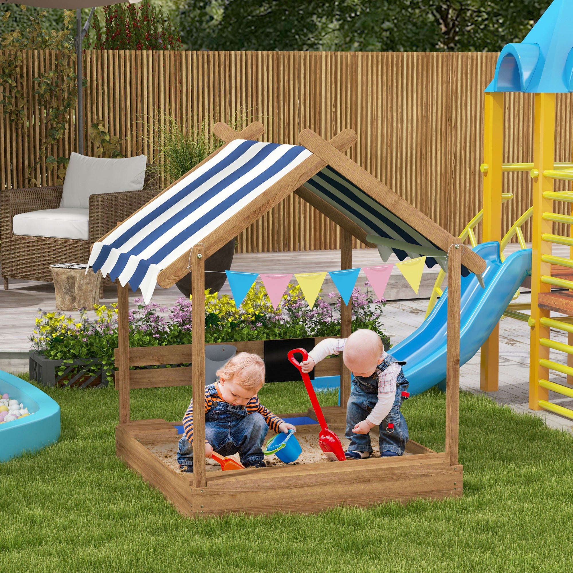 Outdoor Wooden Sandbox with Cover for 3-7 Years Old, Backyard, Brown