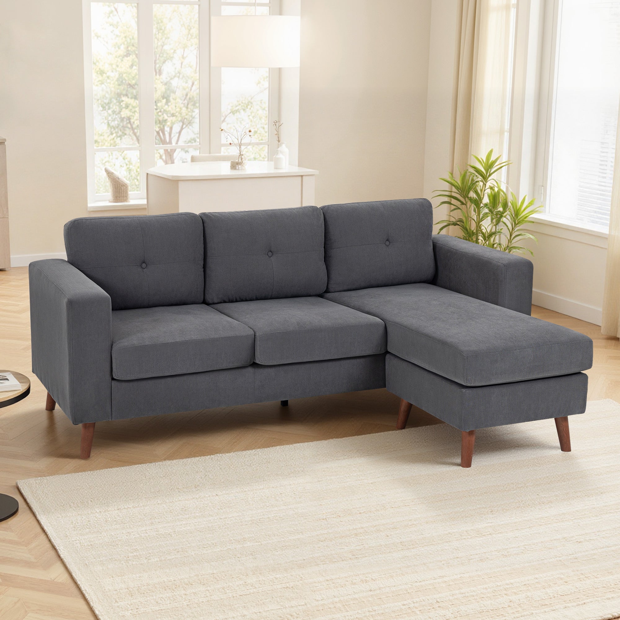 Sectional Sofa with Changeable Chaise Lounge, 3 Seat L-Shaped Small Space Sofa, Upholstered Couch for Small Space, Dark Grey