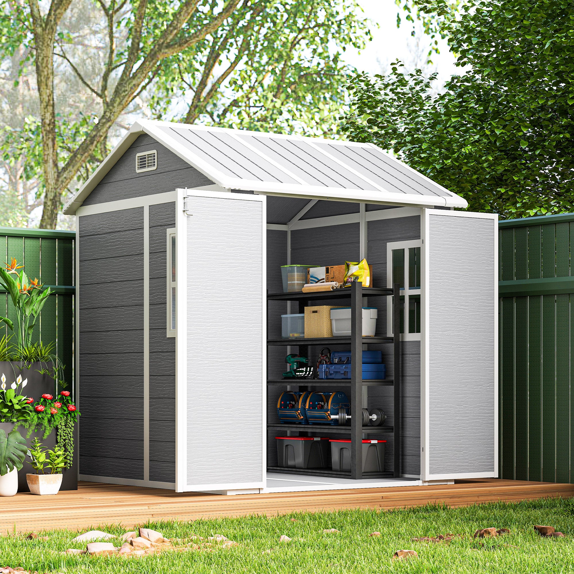 6' x 6' Resin Outdoor Storage Shed with Floor, Window, Lockable Doors and Vents for Backyard Patio Lawn, Grey