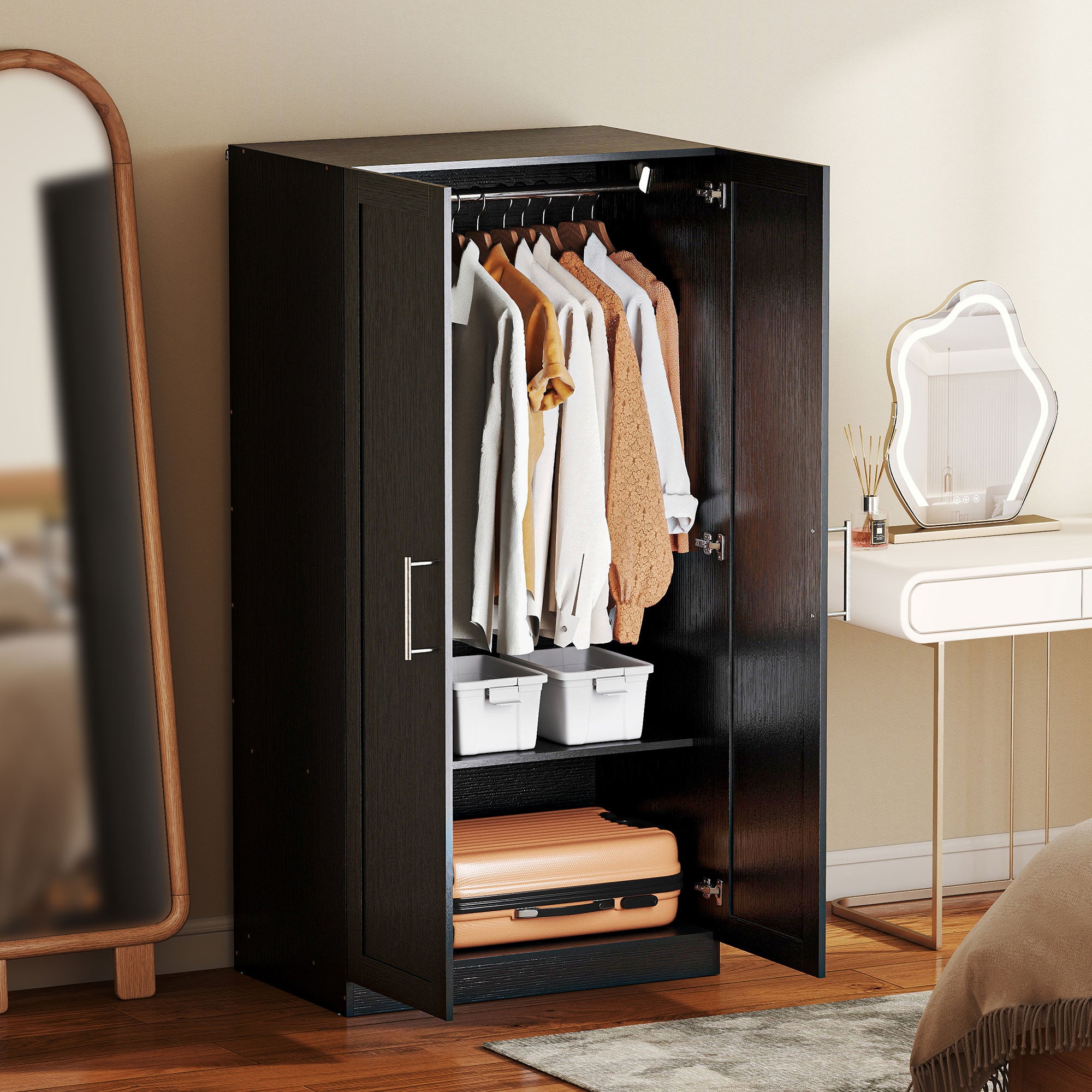 Wardrobe Cabinet with 2 Doors and Hanging Rod, Modern Armoire Wardrobe Closet for Bedroom, Black Wood Effect