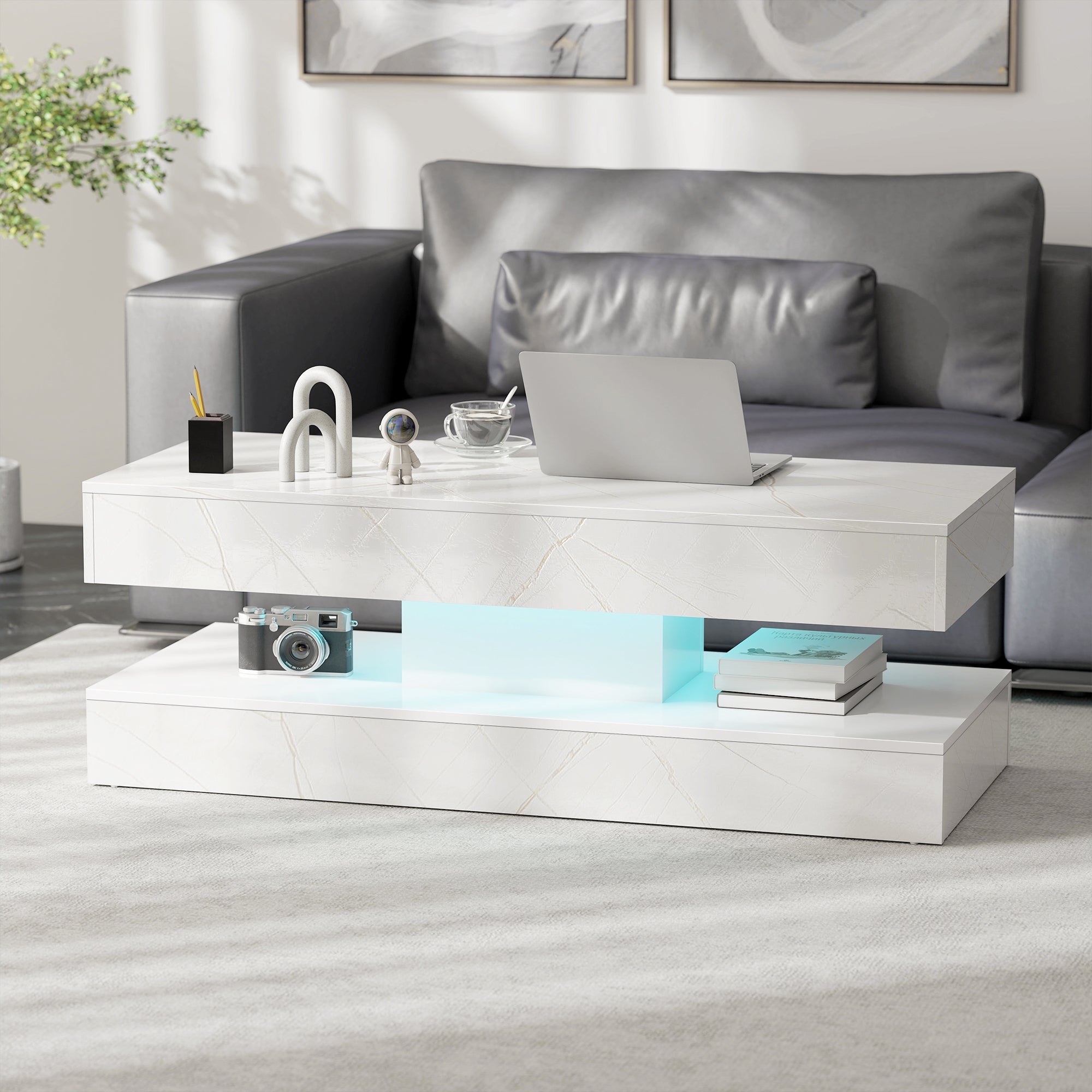 Coffee Table with Adjustable LED Lights, Center Table with 2 Drawers, Open Shelf, Remote, High Gloss Marble-Effect White