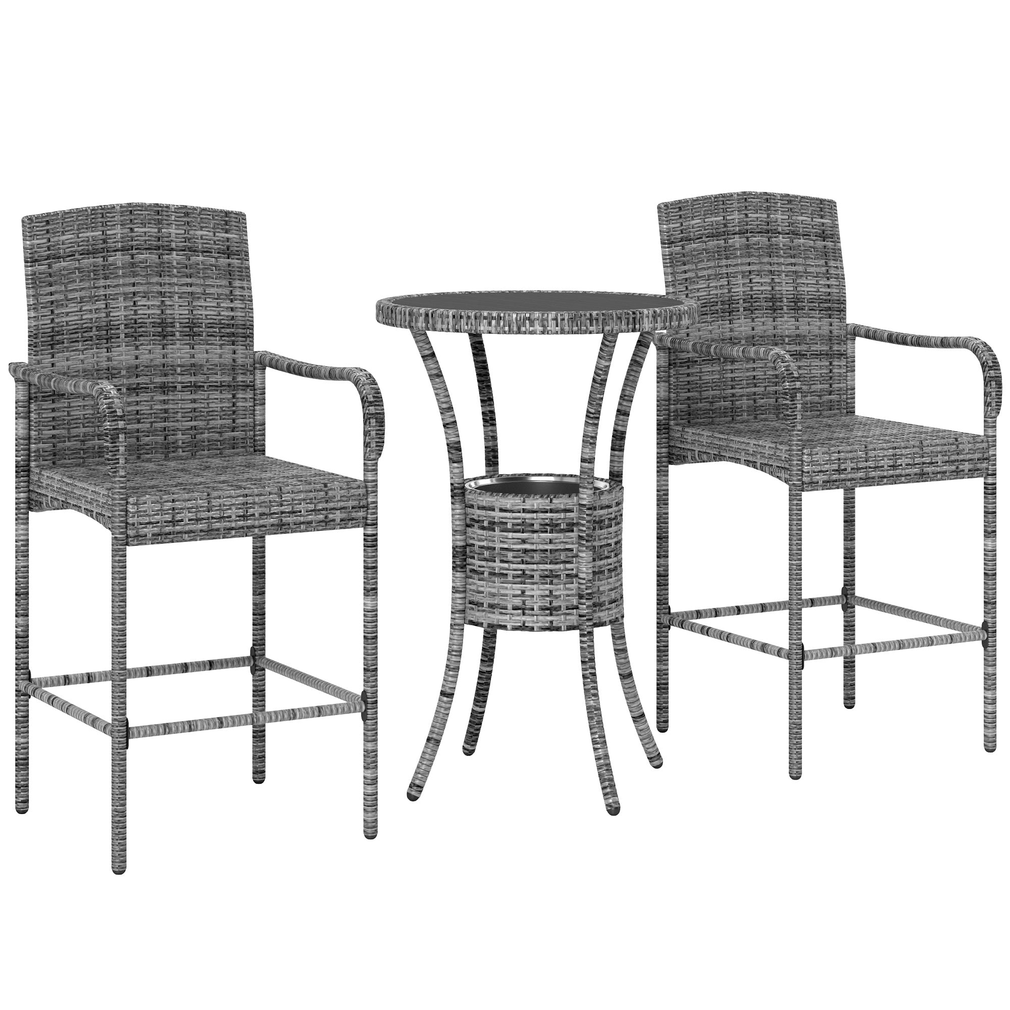 3 Pieces Patio Bar Set, Rattan Bistro Table and Chairs, Outdoor Conversation Furniture Set with Ice Bucket, Mixed Grey