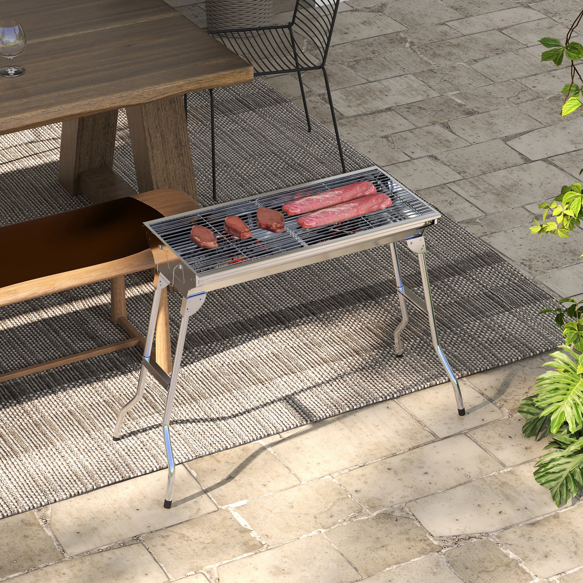 Stainless Steel Charcoal BBQ Grill, Portable Barbecue Grill with Handles for Outdoor, Cooking, Camping, Picnic