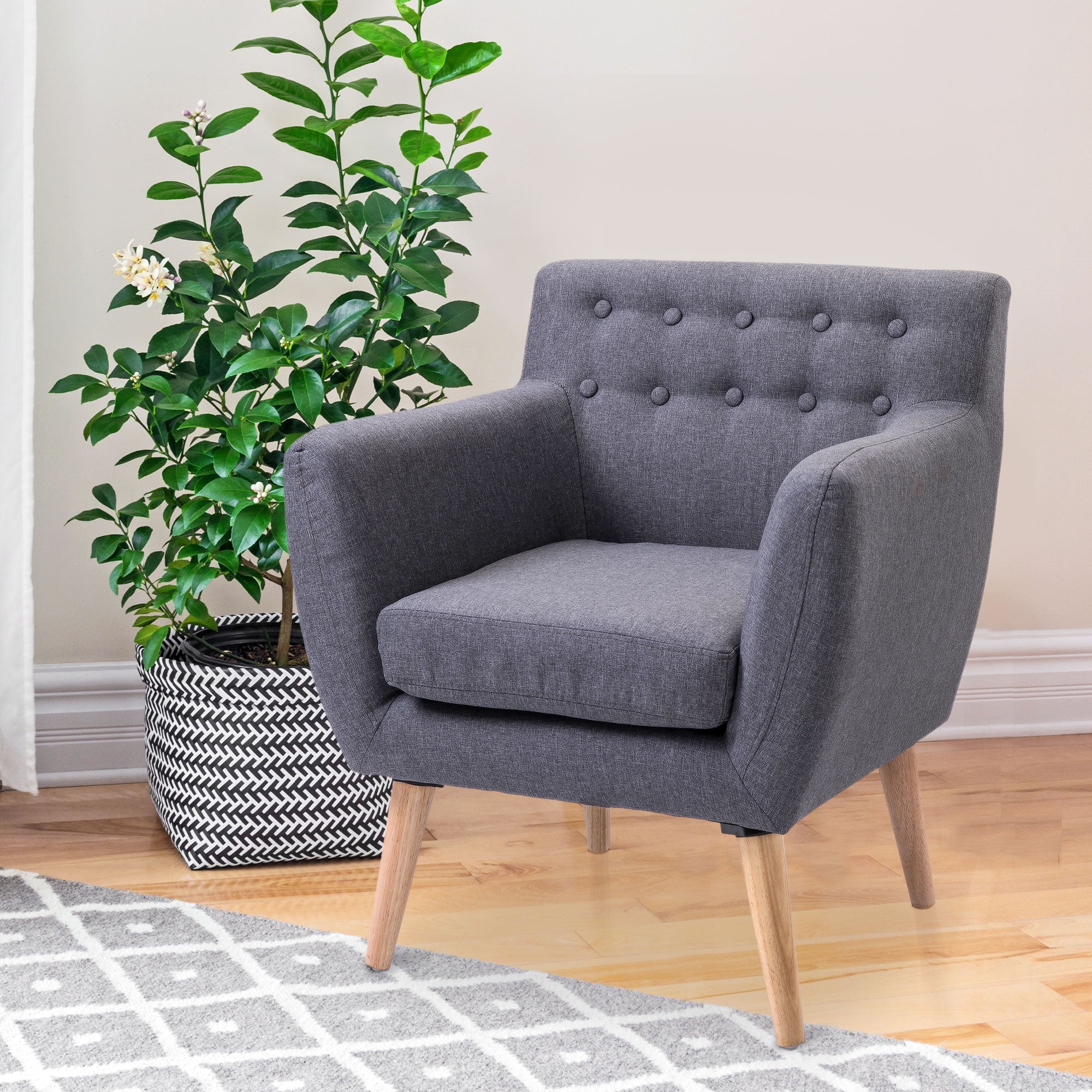 Linen Upholstery Armchair, Mid-Century Modern Accent Chair with Wood Frame and Thick Padding, Light Grey