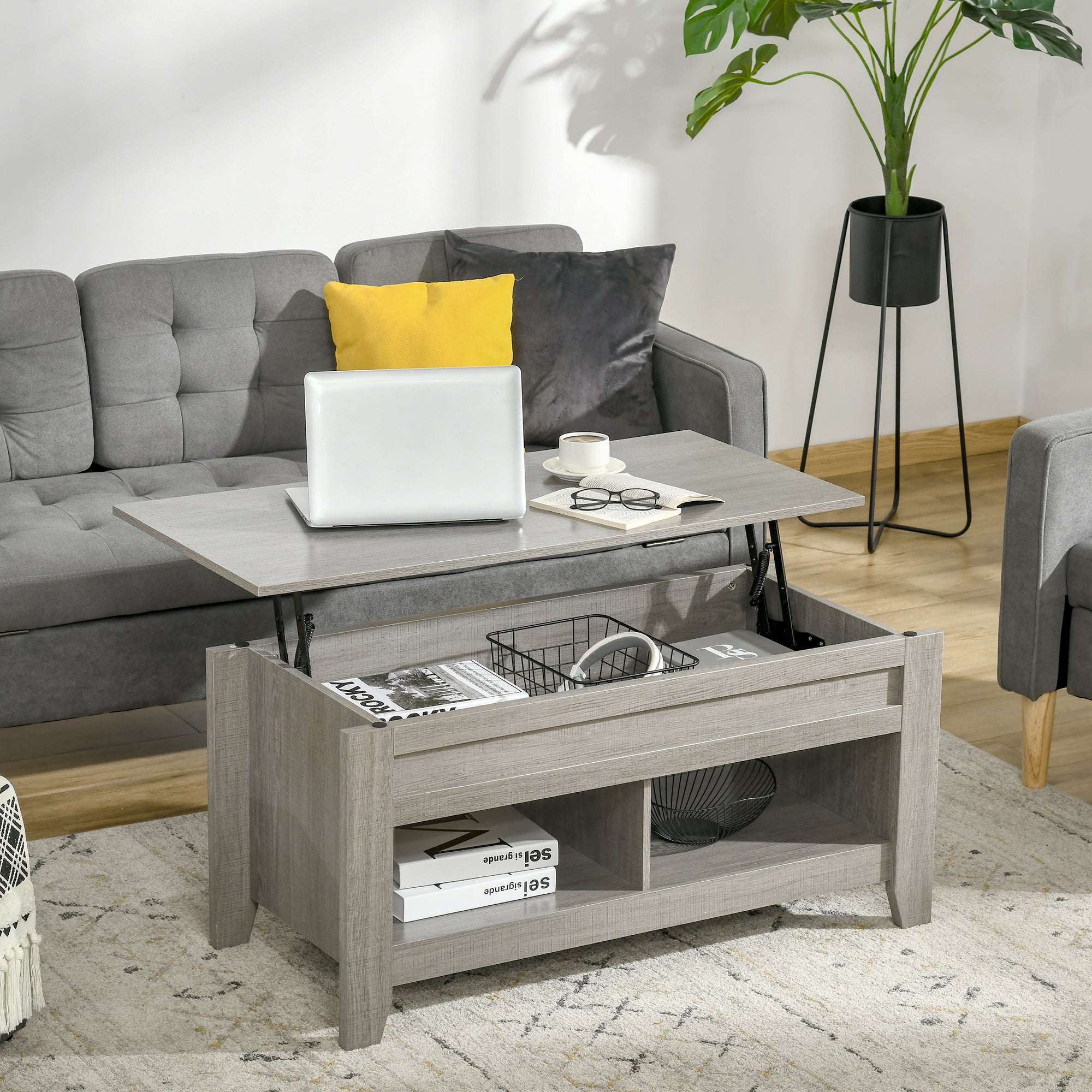 Lift Top Coffee Table with Hidden Storage Compartment and Open Shelves, Lift Tabletop Pop-Up Center Table for Living Room, Light Grey