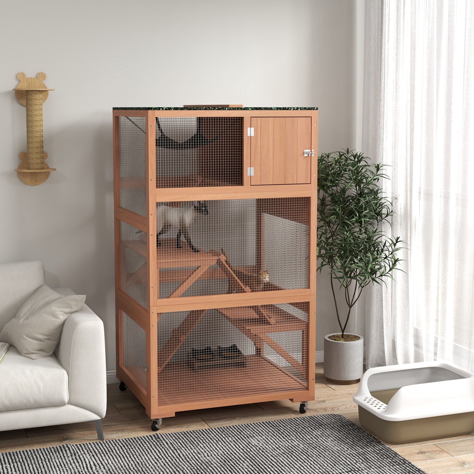 34" L Catio Outdoor Cat Enclosure on Wheels with Hammock Multiple Platforms Resting Condo Ramps, for 1-3 Cats, Orange