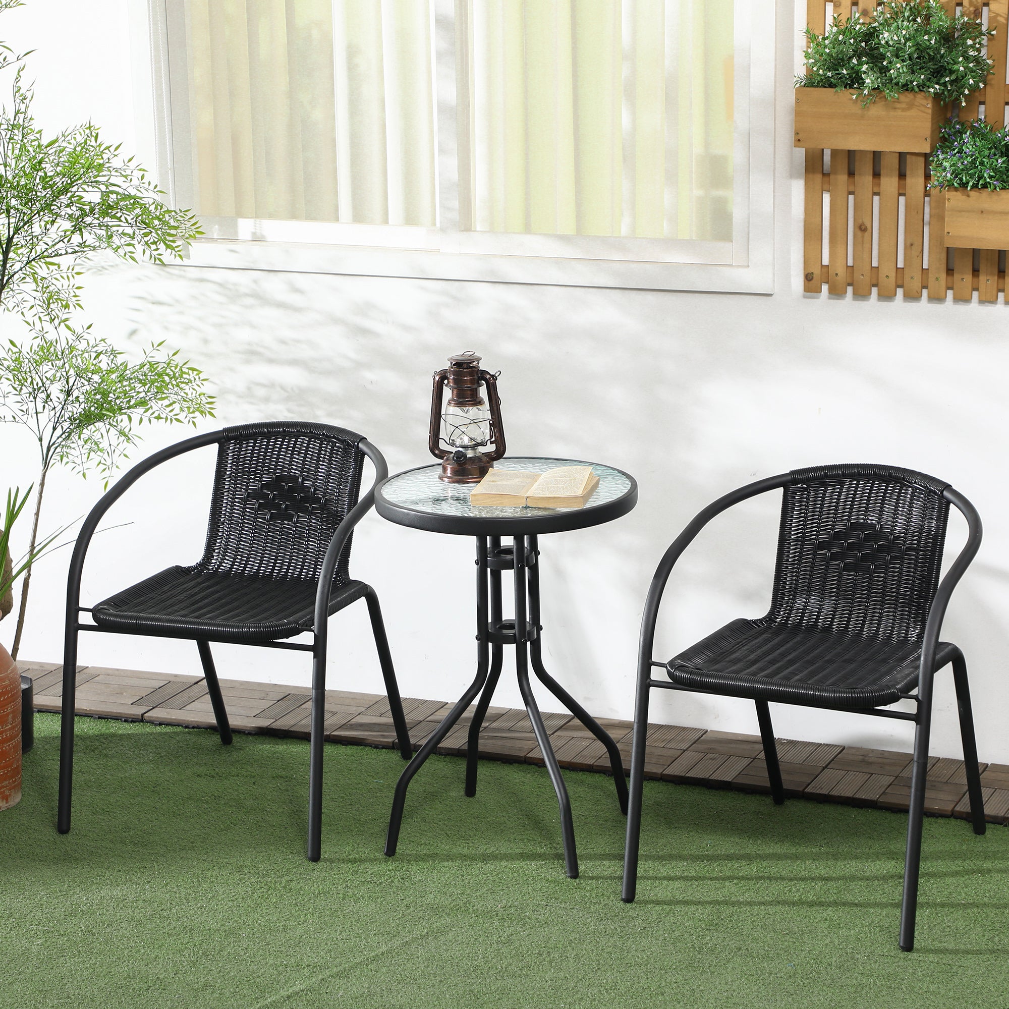 3 Pieces Outdoor Wicker Furniture Set with 2 Stackable Chairs, Tempered Glass Coffee Table for Garden, Backyard, Black