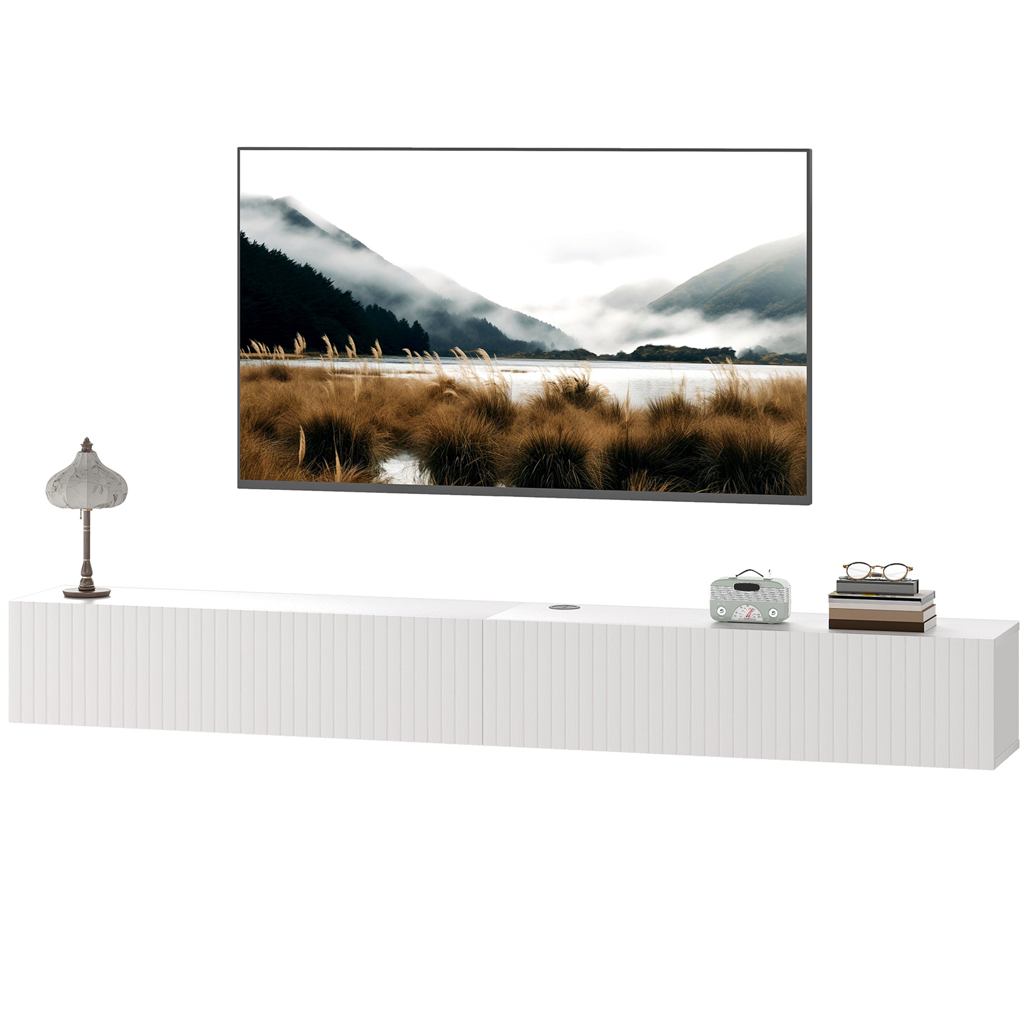 71" Floating TV Stand for TVs up to 72 Inch, Wall Mount Media Console with 2 Fluted Flip-Down Doors, Cable Hole, White
