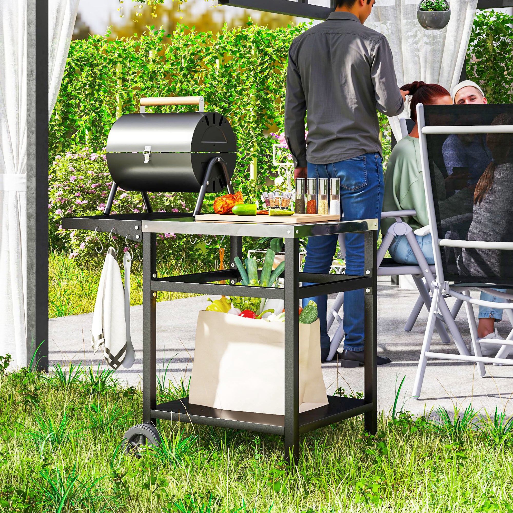 Outdoor Grill Dining Cart with Stainless Steel Top and Foldable Side Table, BBQ Movable Pizza Oven Stand Food Prep Table Trolley with Hooks Shelf Cover, Black