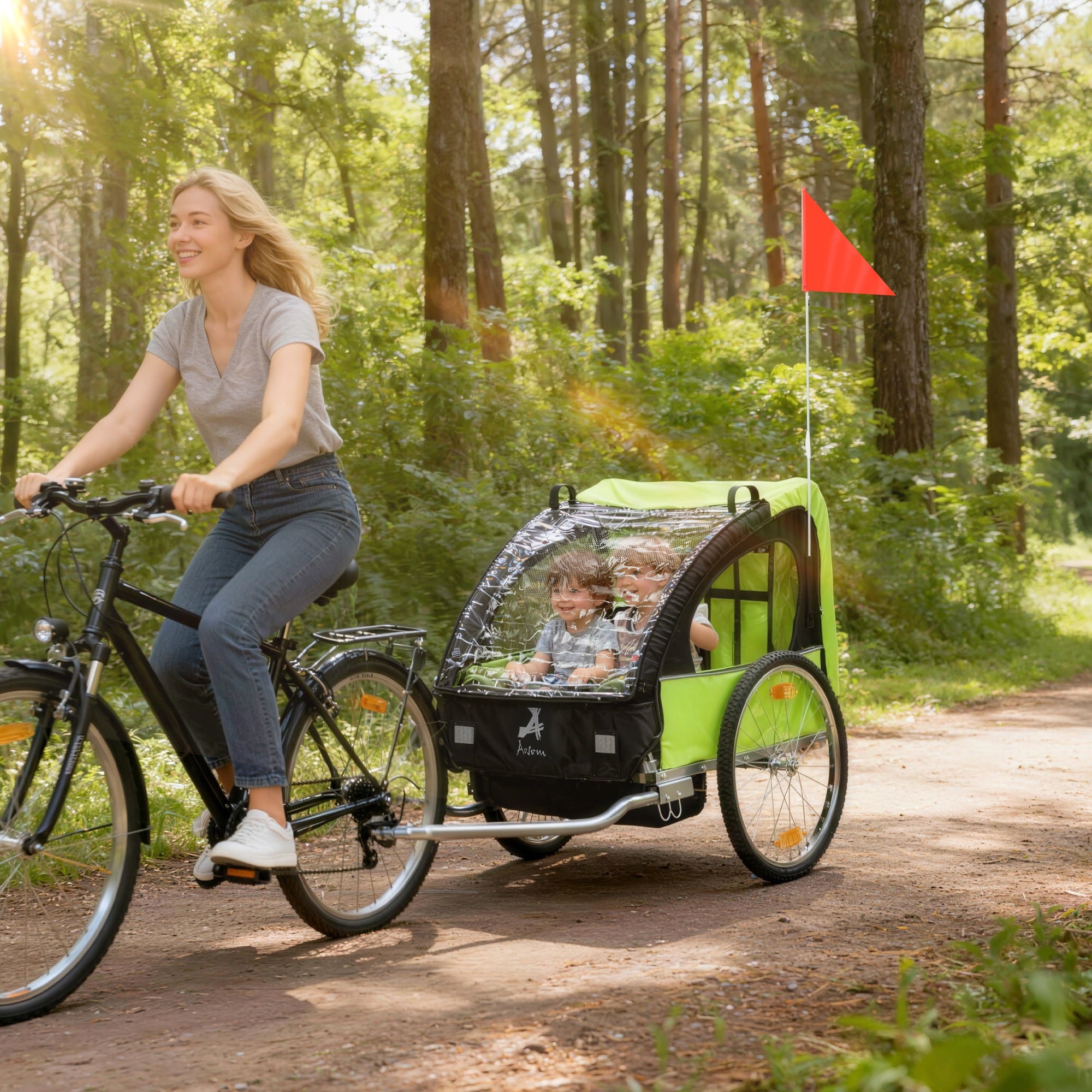 Aosom 2-Seat Child Bike Trailer for Kids with a Strong Steel Frame, 5-Point Safety Harnesses, & Comfortable Seat, Green