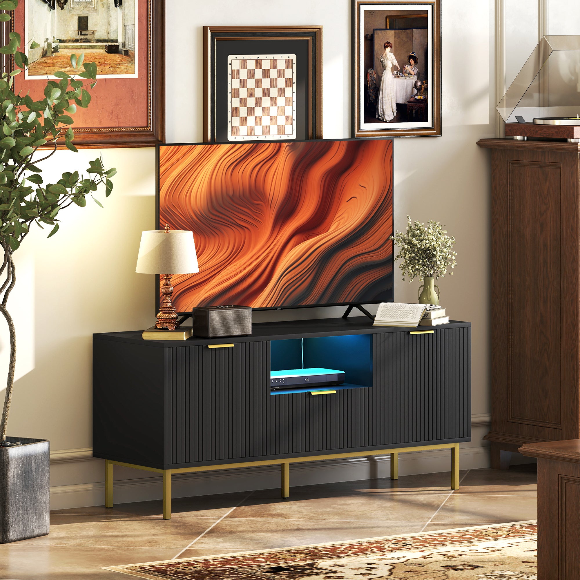 Modern TV Console for TVs up to 40 Inch, Entertainment Center with Smart RGB LED Lights and Soft Close Doors, Black