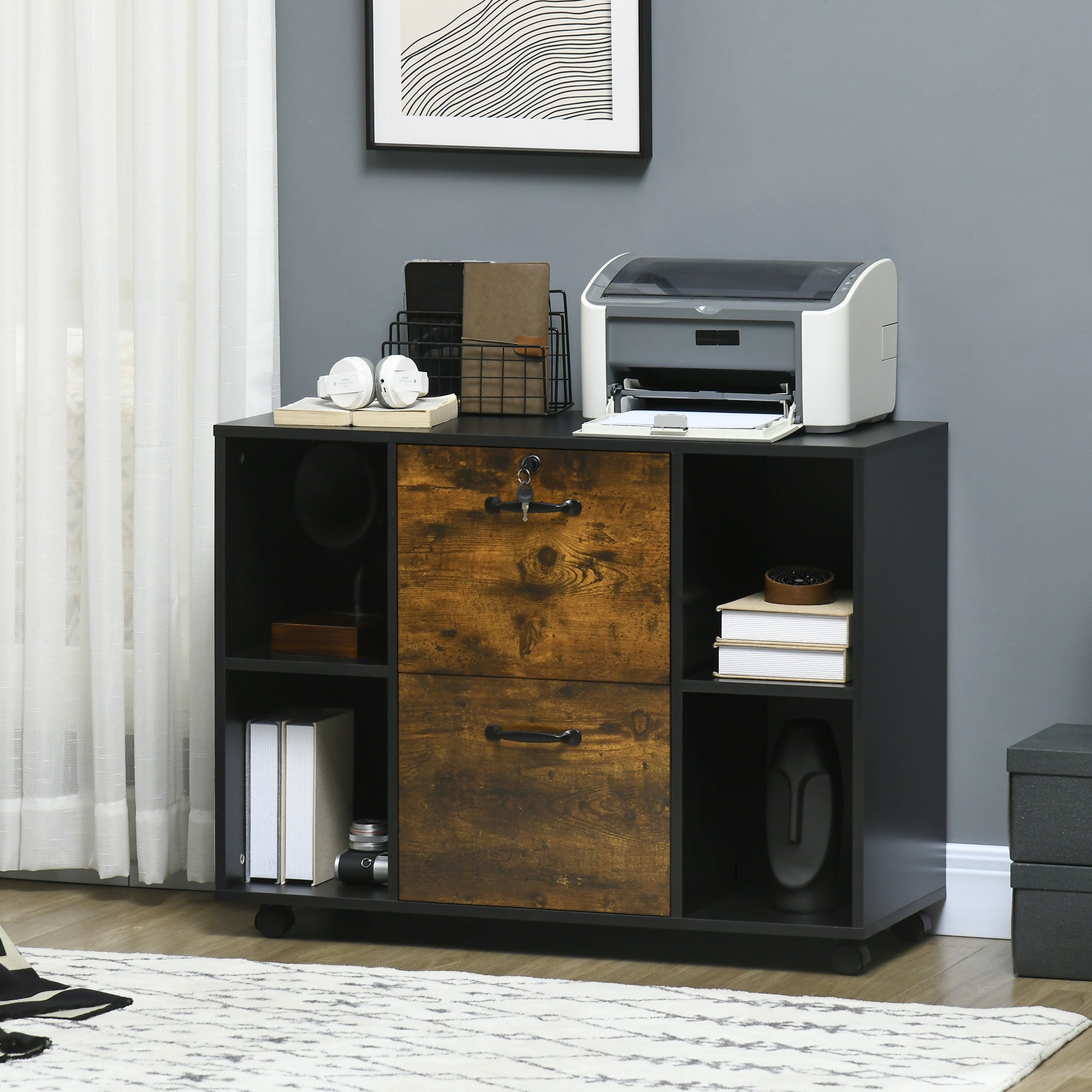 Lateral Filing Cabinet with Wheels and Lockable Drawer, File Cabinet, Mobile Printer Stand with Open Shelves for Letter and A4 Size Documents, Rustic Brown