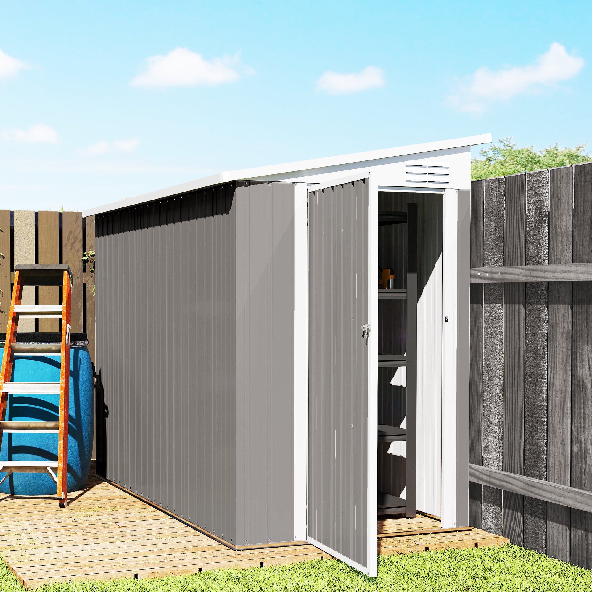 4' x 8' Outdoor Storage Shed Lean to Shed Outdoor Metal Tool Shed with Lockable Door and Air Vents, Light Grey