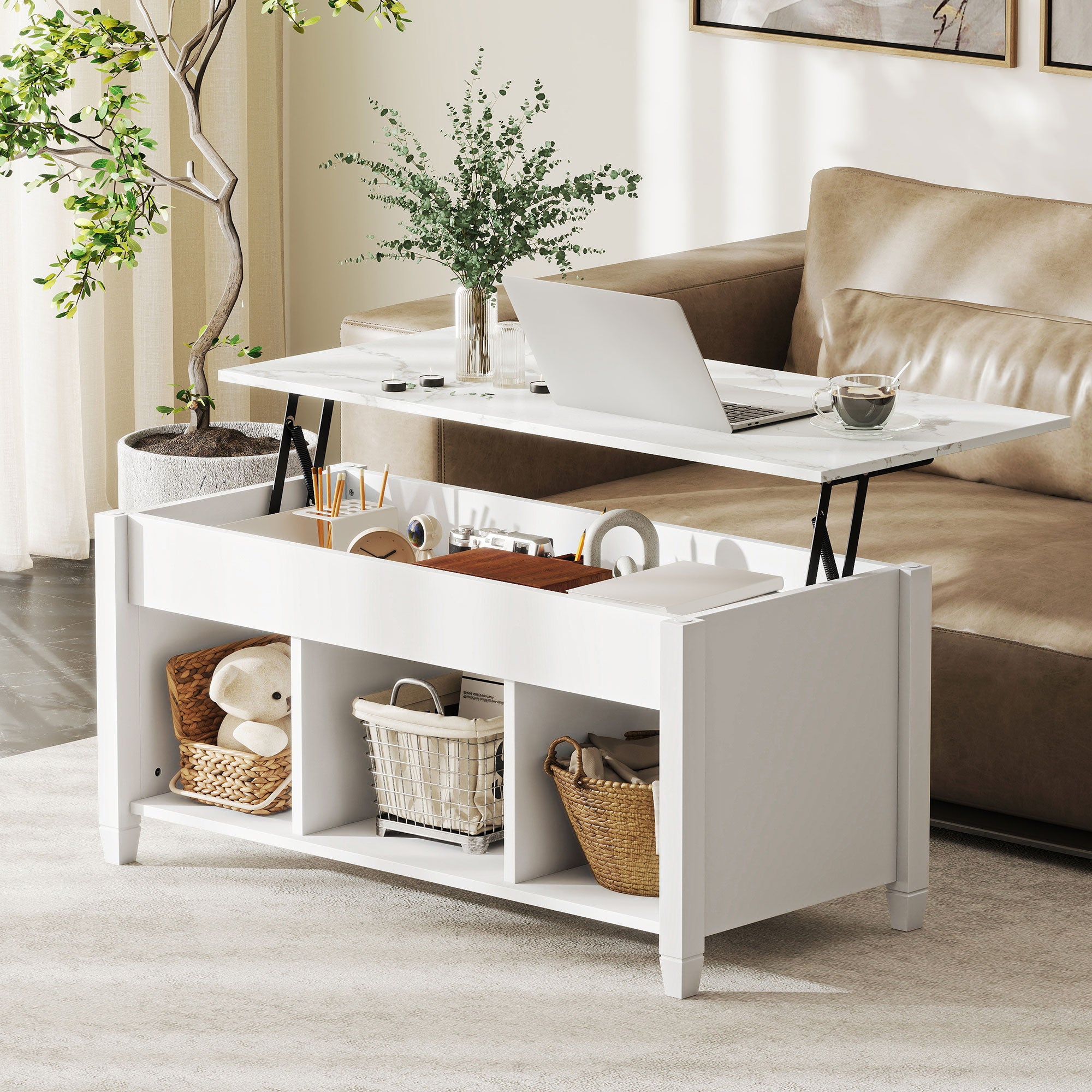 Lift Top Coffee Table, Modern Center Table with Storage Shelves and Hidden Compartment for Living Room, 41" L, White