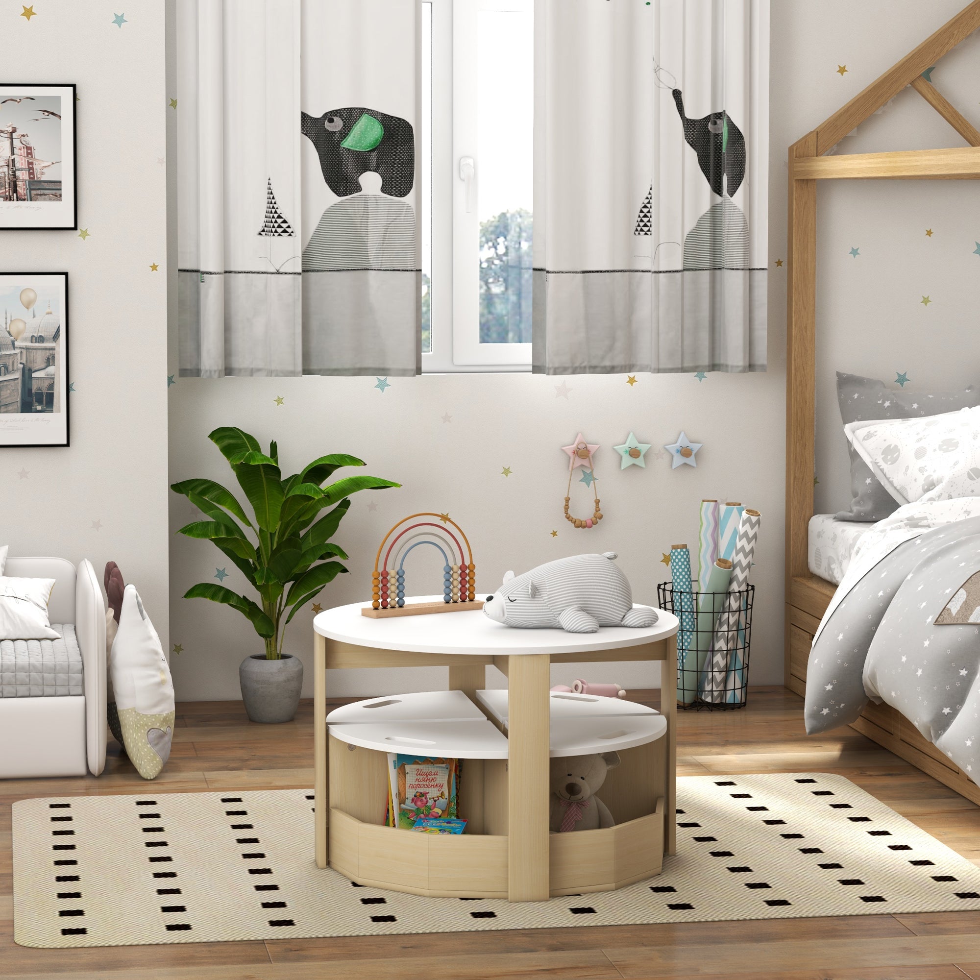 Qaba 5 Piece Kids Table and Chair Set with Storage for Kids Room, White