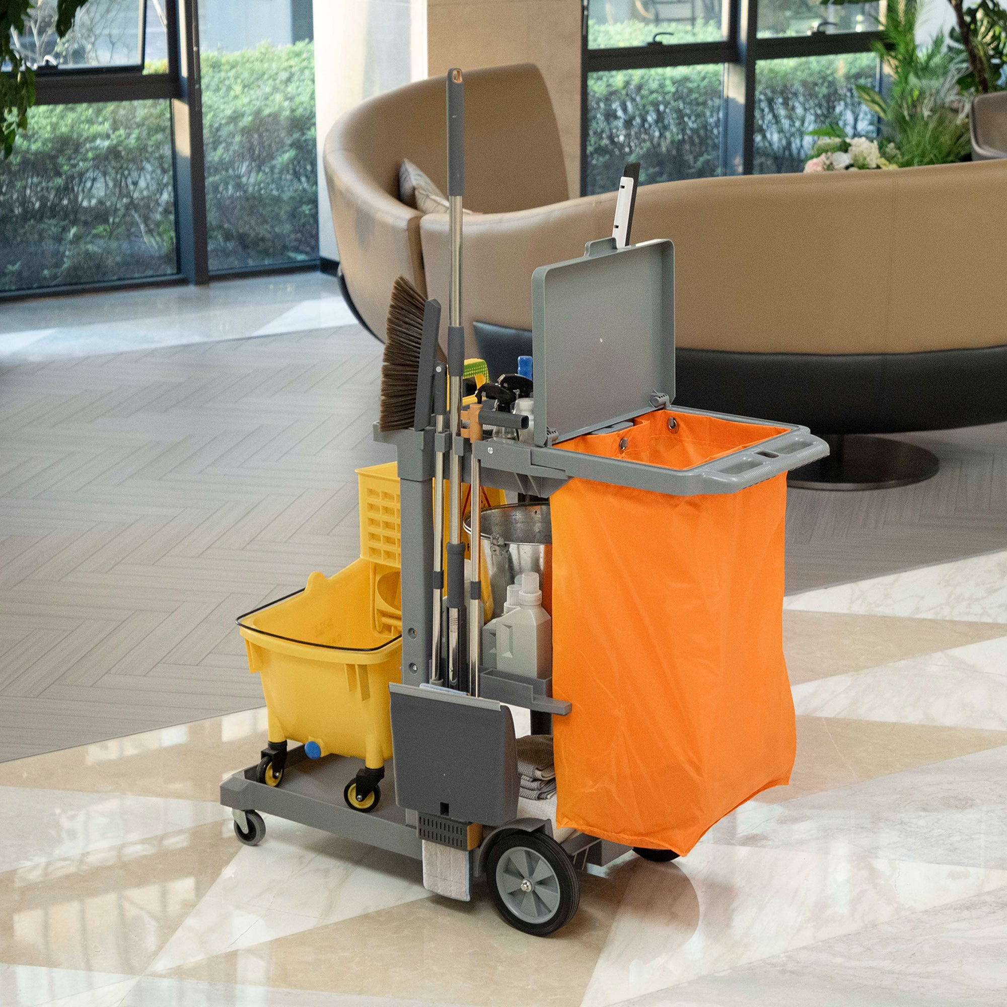 Commercial Janitorial Cart with 3 Tier Shelves, Cleaning Cart with Rubbish Bag and Mop Mount for Hotel Restaurant, Grey