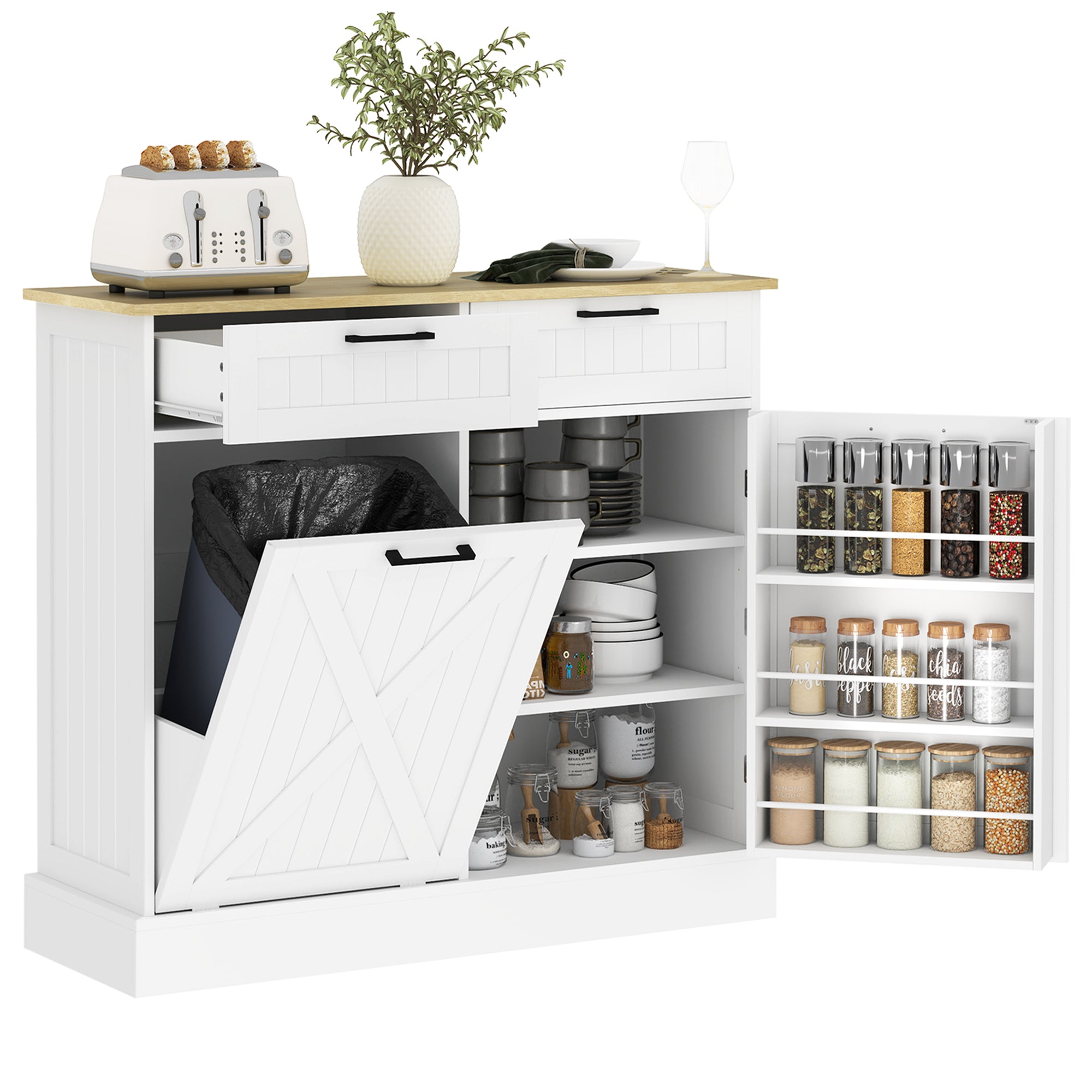 10 Gallon Hidden Garbage Bin Cabinet, Tilt Out Trash Cabinet w/ 2 Drawers, Freestanding Kitchen Island, White