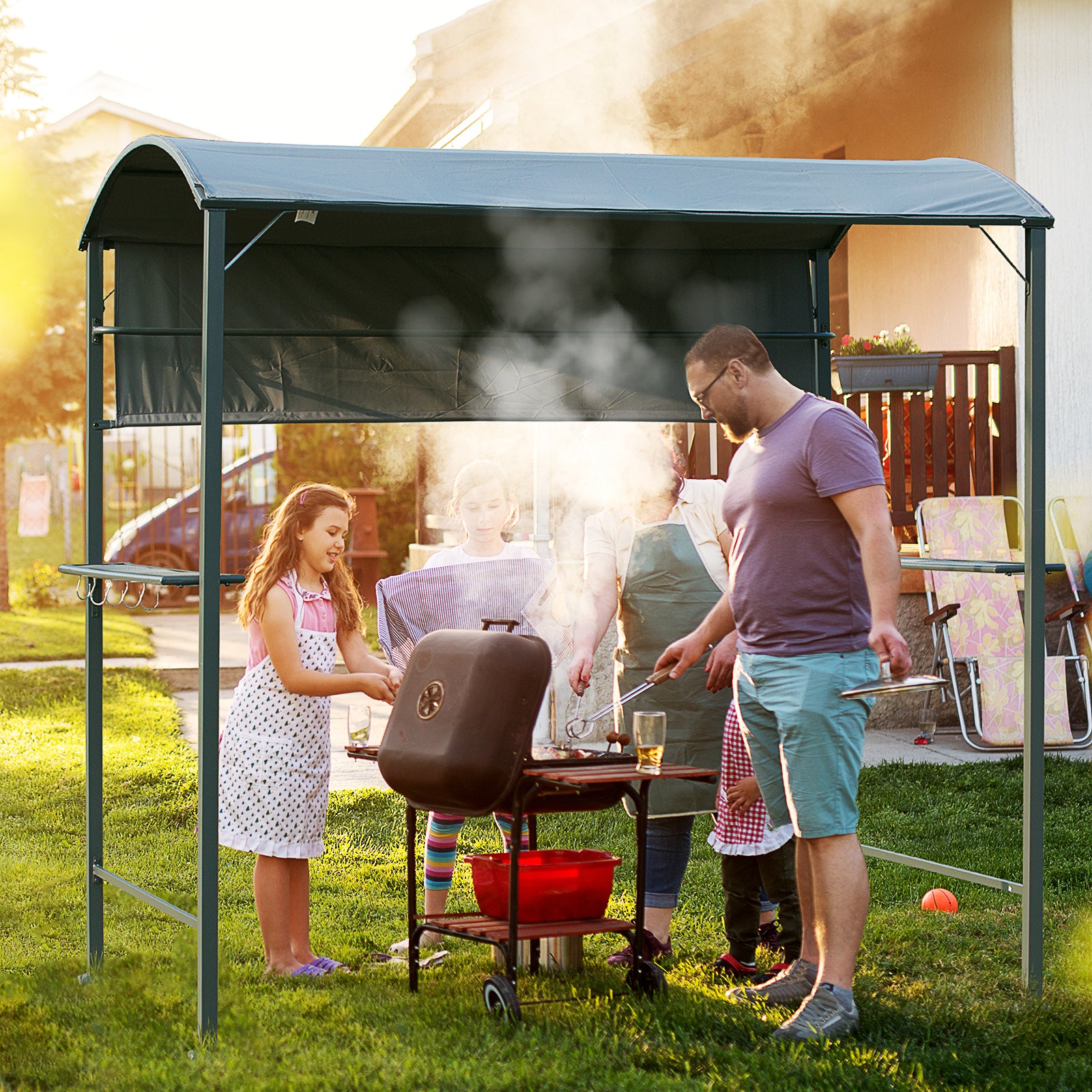 7x4.5ft Outdoor BBQ Gazebo Tent Metal Frame Garden Grill Canopy Sunshade Backyard Portable Shelter with Side Awning 2 Shelves and 5 Hooks Grey