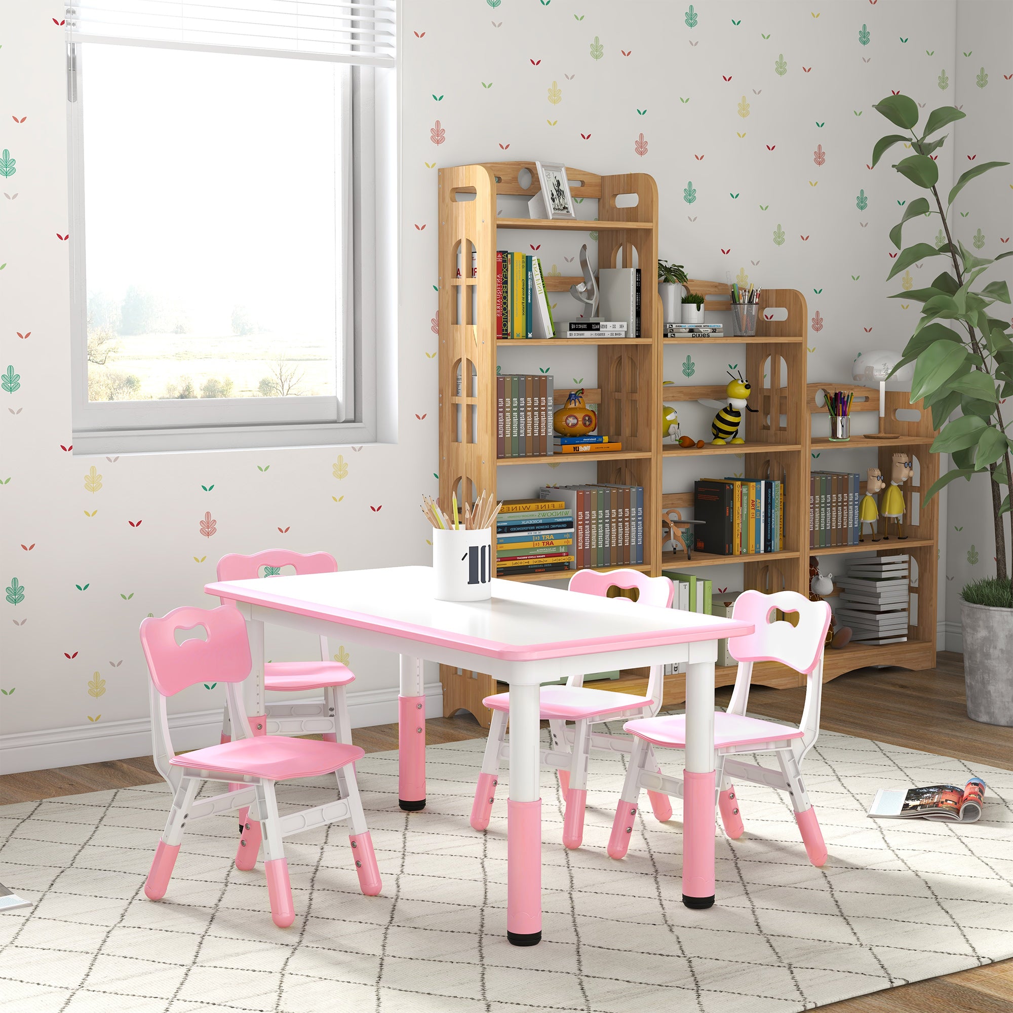 Qaba Kids Table and Chair Set with 4 Chairs, Adjustable Height, Easy to Clean, for 1.5 - 8 Years Old, Pink