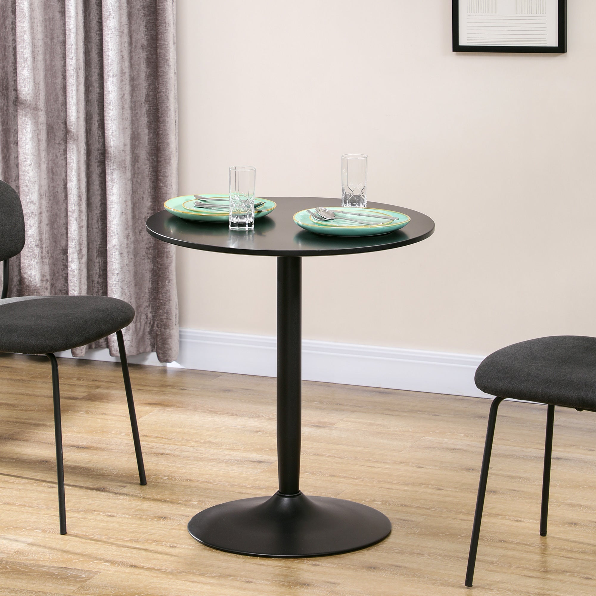 Modern Kitchen Table for 2 People, Round Dining Table with Steel Base for Living Room, Dining Room, Black