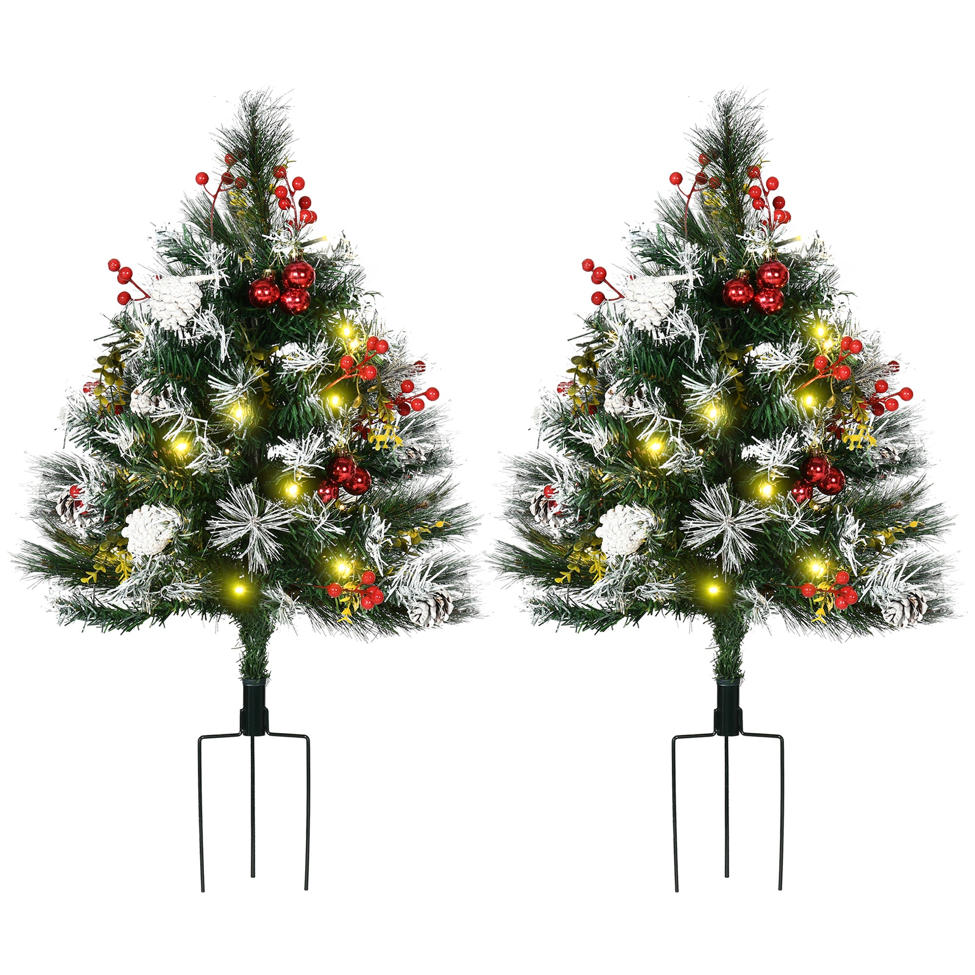 2 Foot/23 inch 2 Pack Prelit Artificial Christmas Tree Cordless with 70 Branches, Warm White LED lights, Red Berries, Pine Cones, Balls, for Outdoor Entryway, Green