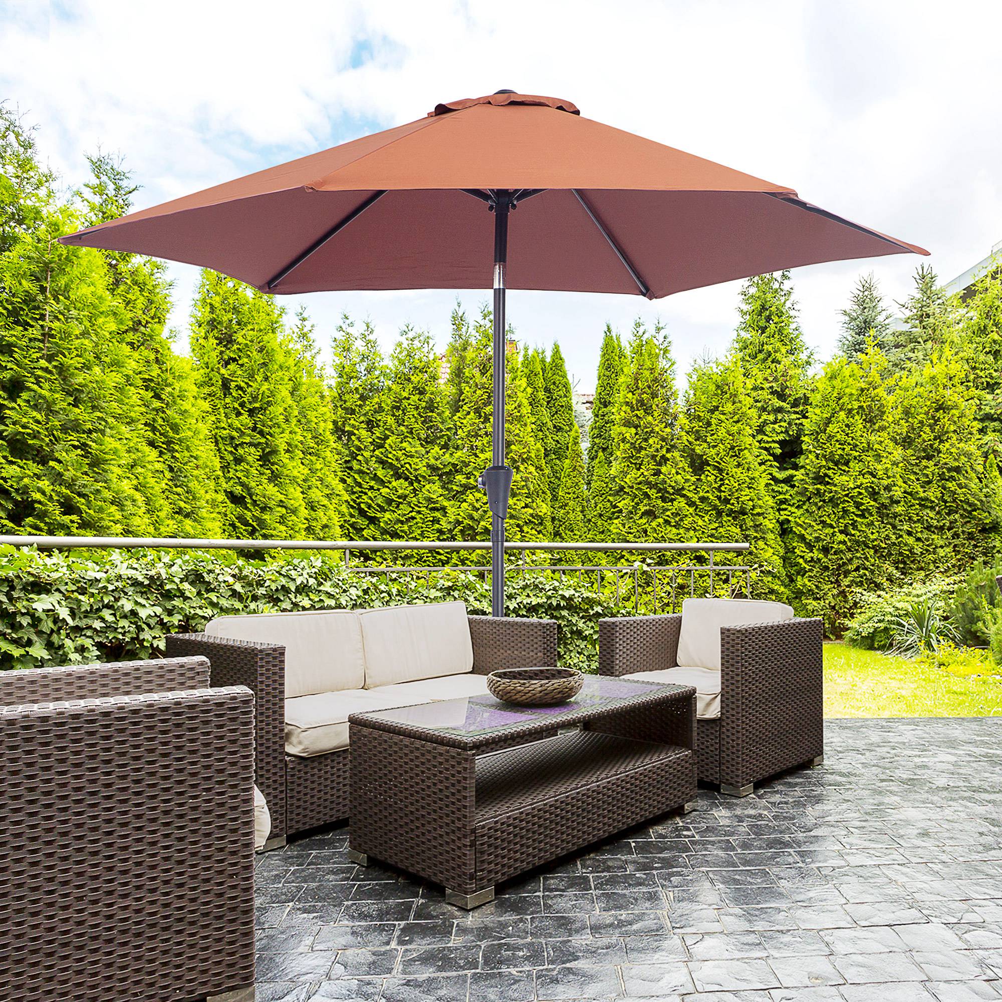 8.5FT Patio Umbrella, Round Garden Parasol with 6 Ribs, Market Sunshade Tilt Canopy w/ Crank Handle for Outdoor, Coffee